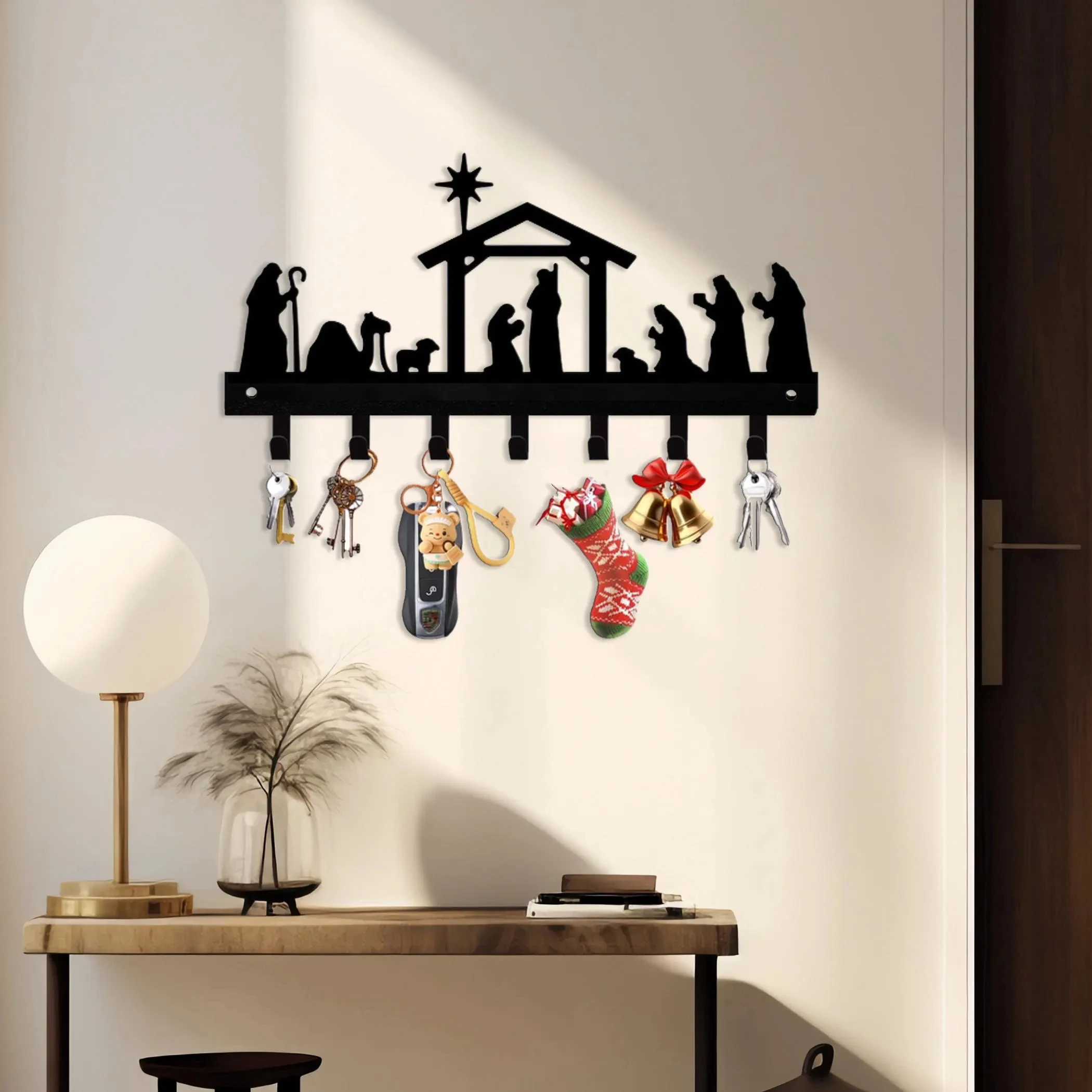 Key Holder – Wall-Mounted Metal Organizer with Wise Men & Bethlehem Silhouette and Hooks for Christmas Display, Key Hanger
Key Holder – Wall-Mounted Metal Organizer with Wise Men & Bethlehem Silhouette and Hooks for Christmas Display, Key Hanger