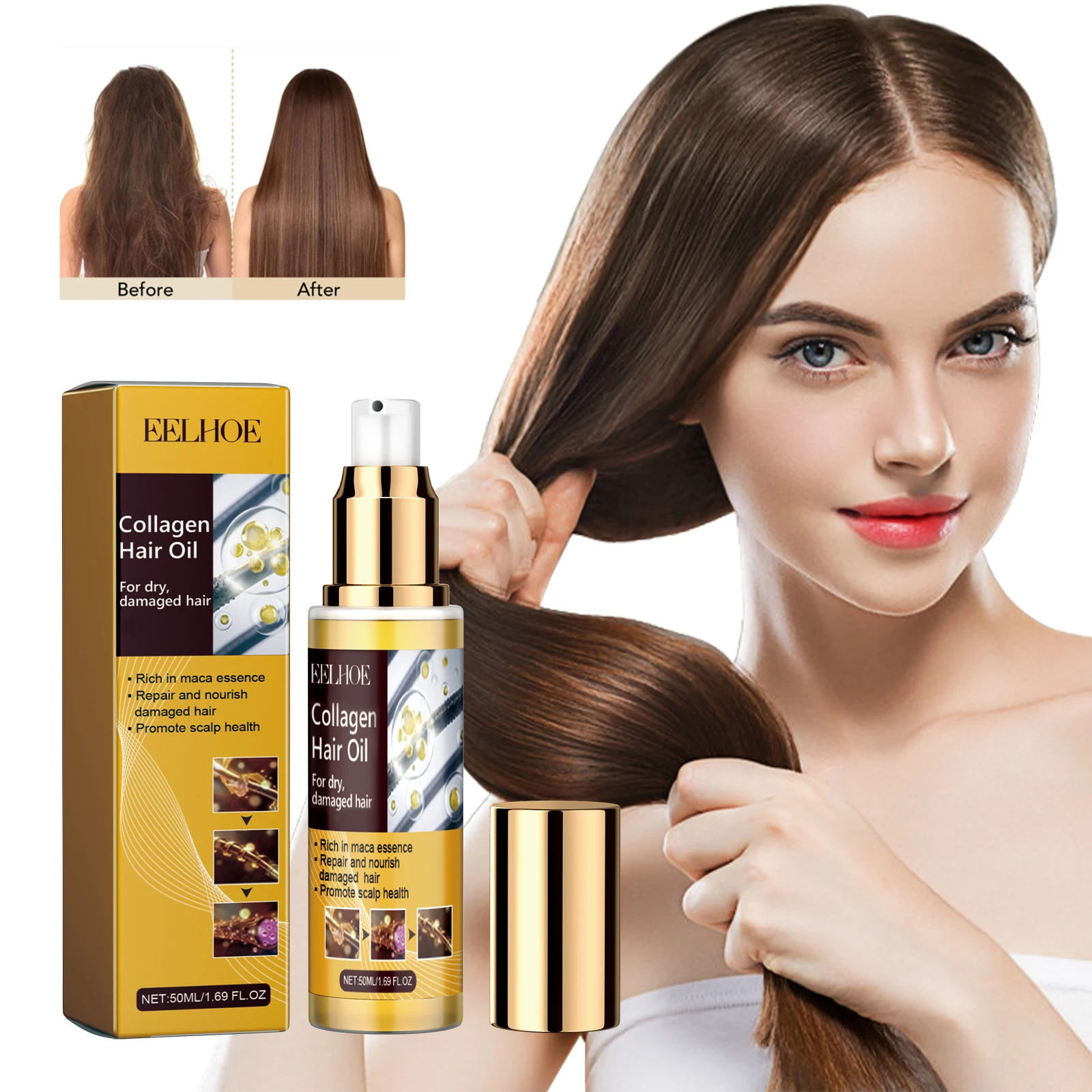 50ml Eelhoe Collagen Hair Essential Oil Split Ends Damage Restoration Shine Elasticity Boost Softness Control Frizz Treatment
50ml Eelhoe Collagen Hair Essential Oil Split Ends Damage Restoration Shine Elasticity Boost Softness Control Frizz Treatment