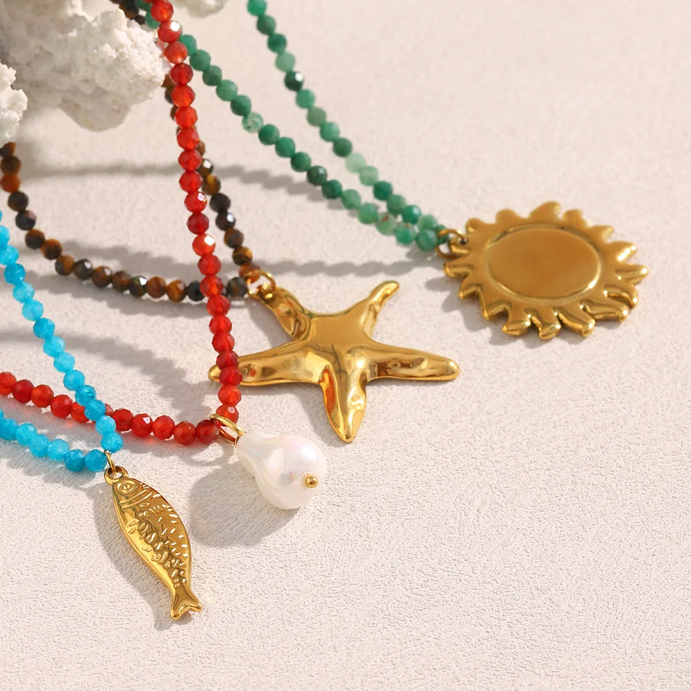 Stainless Steel Natural Stone Beaded Necklace for Women Luxury Gold Color Sun Starfish Pendant Necklaces Summer Beach Jewelry
Stainless Steel Natural Stone Beaded Necklace for Women Luxury Gold Color Sun Starfish Pendant Necklaces Summer Beach Jewelry