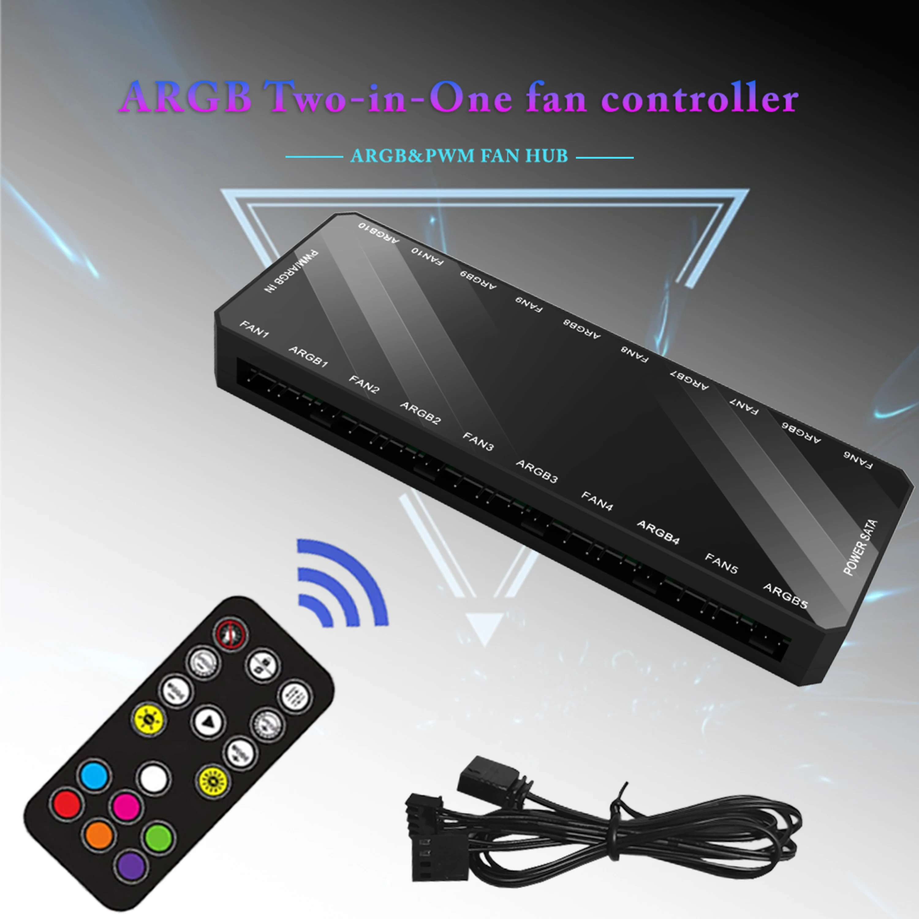 10 Port ARGB PWM Fan Controller Hub with Remote,SATA Powered 5V 3Pin ARGB & 4Pin PWM Splitter PC Case,Fan Speed&Lighting Control