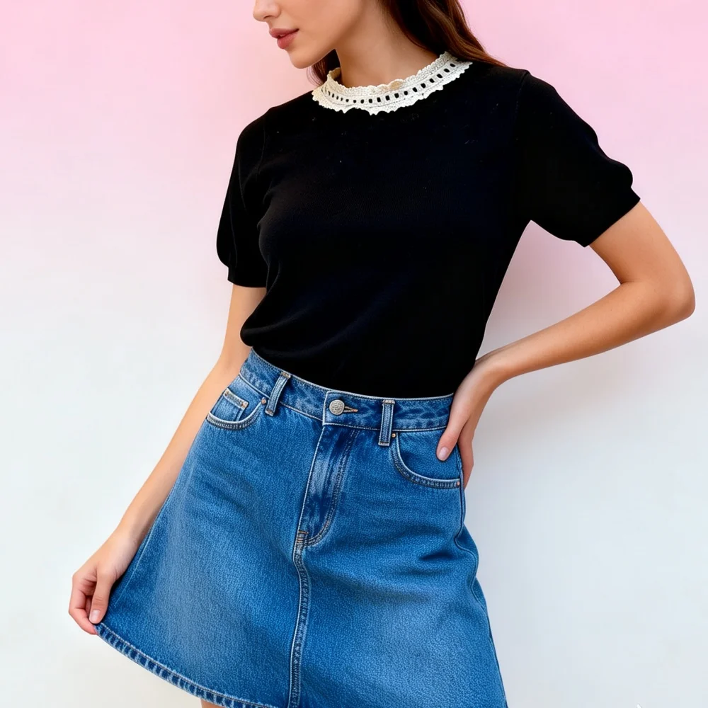 2026 Women's Black Short Sleeve Knit Top Elegant White Lace Collar Crew Neck Slim Fit Casual Blouse 024
2026 Women's Black Short Sleeve Knit Top Elegant White Lace Collar Crew Neck Slim Fit Casual Blouse 024