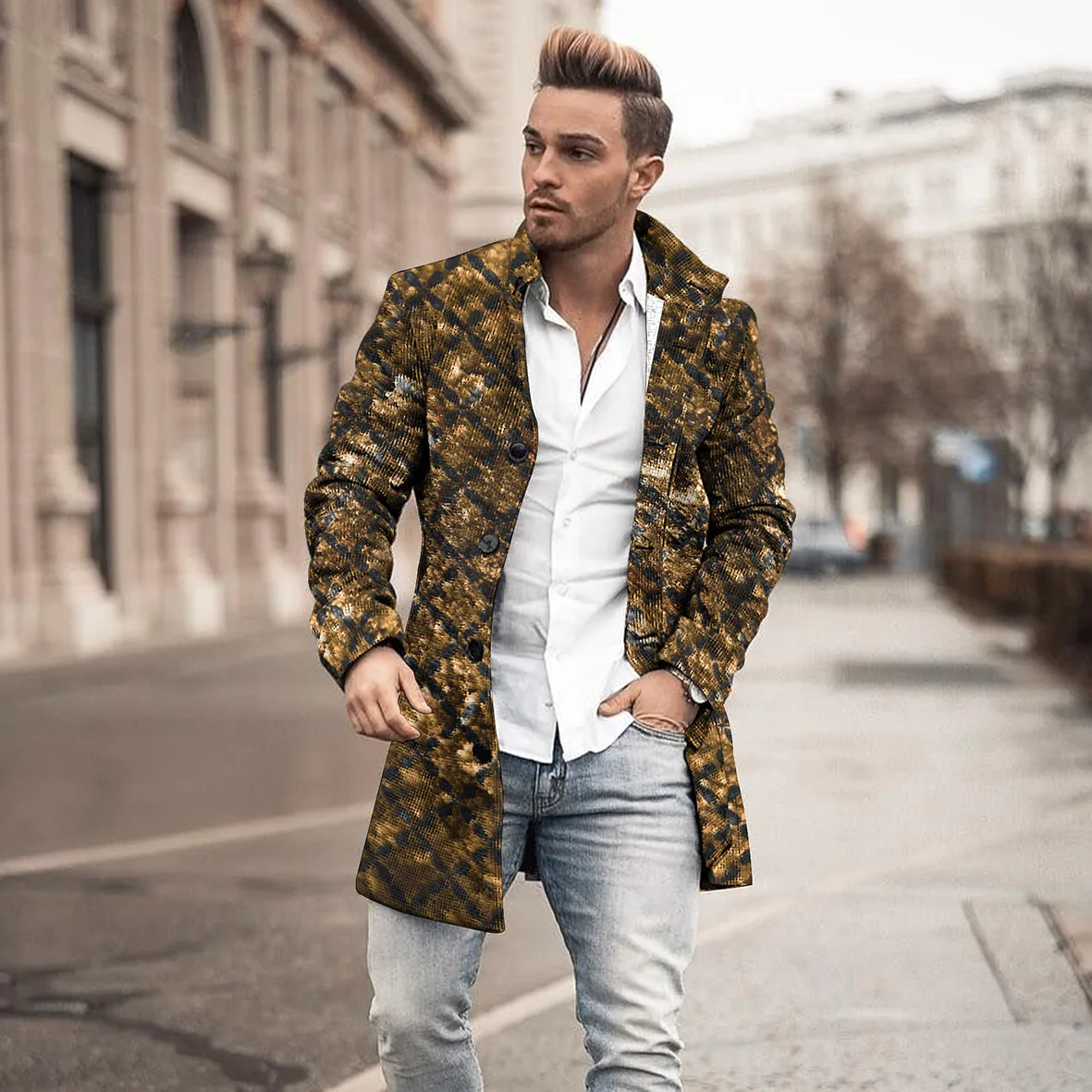 Winter men's single-breasted cardigan casual jacket, unique printing, men's windbreaker loose long jacket official website
Winter men's single-breasted cardigan casual jacket, unique printing, men's windbreaker loose long jacket official website