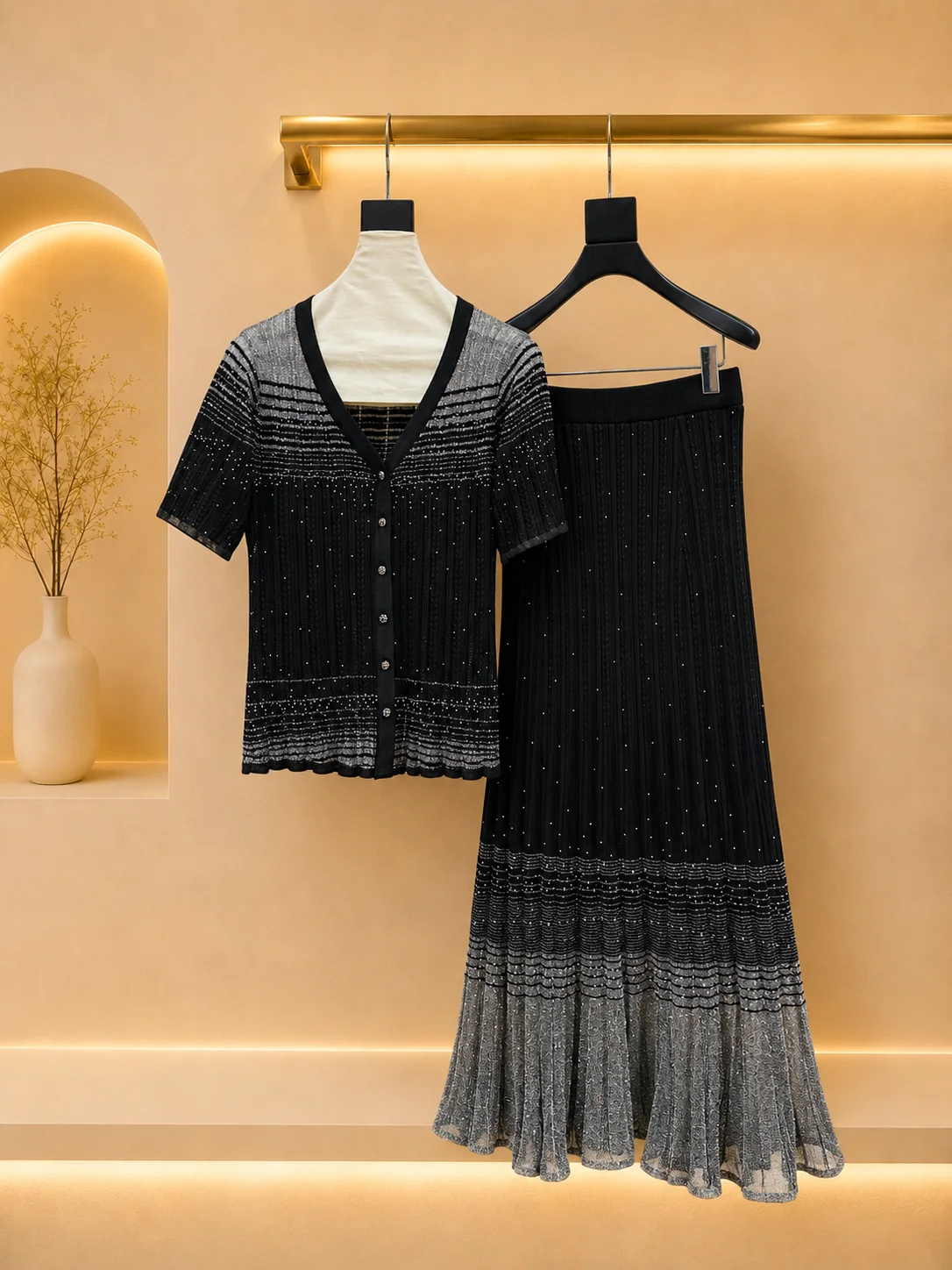 2026 Women Two Piece Skirt Set Black Gradient Cable Knit Rhinestone Shimmer Trim Elastic Waist Flowy Midi Co Ord Set
2026 Women Two Piece Skirt Set Black Gradient Cable Knit Rhinestone Shimmer Trim Elastic Waist Flowy Midi Co Ord Set
