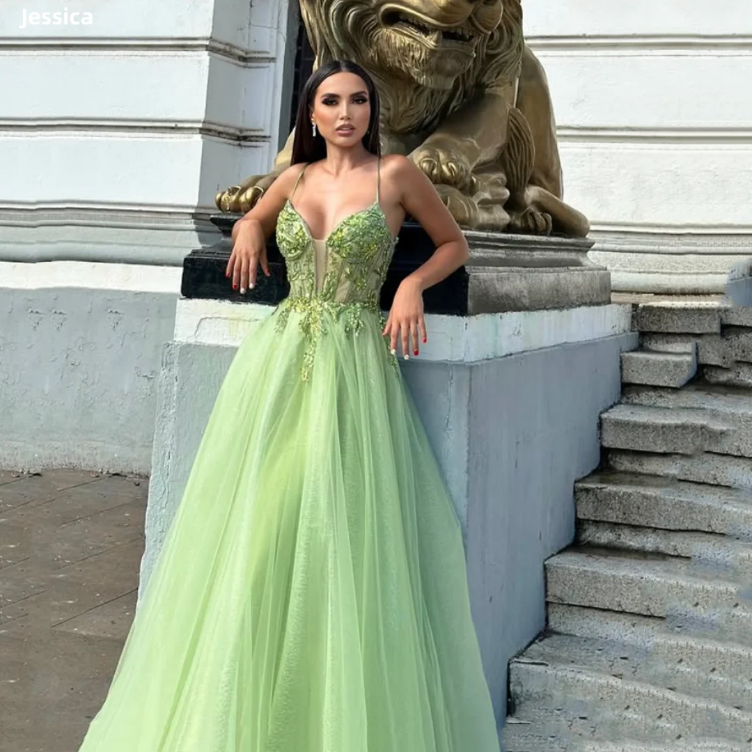 Jessica Light Green Evening Dresses Glitter Lace Embroidery Prom Dresses Spaghetti Strap A-line Tulle Party Dresses Customized
Jessica Light Green Evening Dresses Glitter Lace Embroidery Prom Dresses Spaghetti Strap A-line Tulle Party Dresses Customized