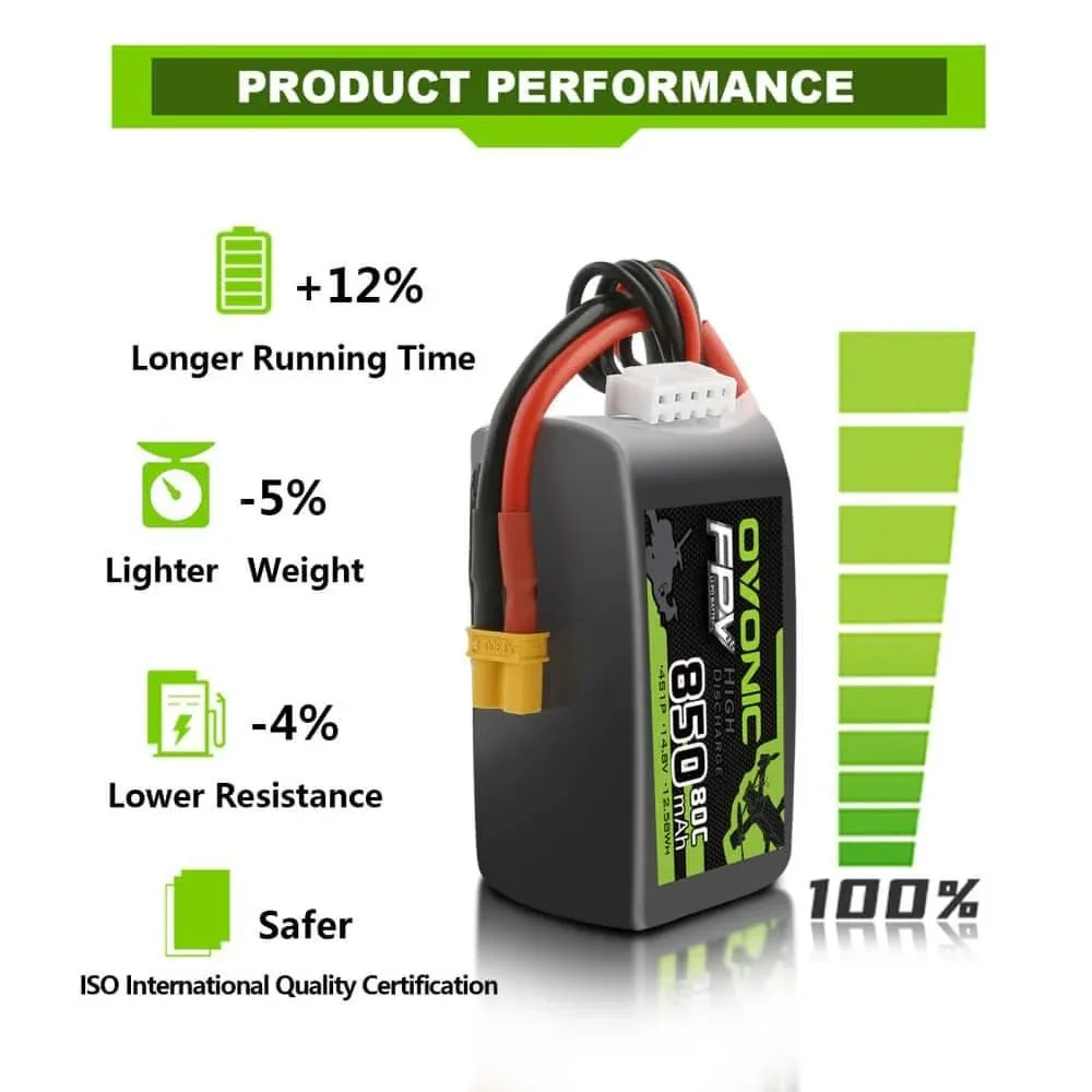 Ovonic 80C 4S 850mAh Lipo Battery 14.8V with XT30 Plug for Cinewhoops 2 Pack Rechargeable Lipo Batteries for RC FPV Racing Drone Quadcopter
Ovonic 80C 4S 850mAh Lipo Battery 14.8V with XT30 Plug for Cinewhoops 2 Pack Rechargeable Lipo Batteries for RC FPV Racing Drone Quadcopter