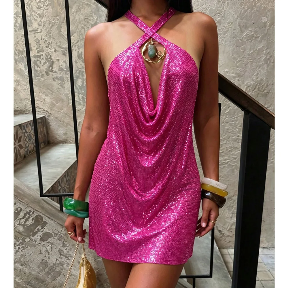 2026 Summer Sequined Festival Party Metallic Mesh Halter Dress For Women Pink and Purple Cowl Neck Backless Chainmail Mini Dress
2026 Summer Sequined Festival Party Metallic Mesh Halter Dress For Women Pink and Purple Cowl Neck Backless Chainmail Mini Dress