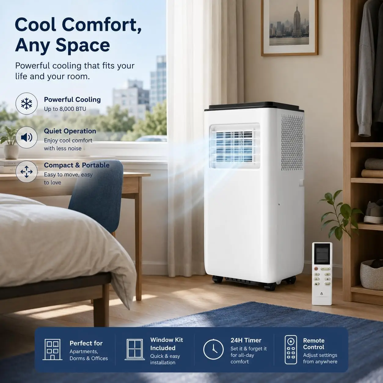 8000 BTU Portable Air Conditioners, 3-in-1 Portable AC Unit with Remote Control, Cool, Dehumidifier & Fan Modes for Rooms up to 350 sq.ft, Sleep Mode, 24-Hour Timer & Window Kit
8000 BTU Portable Air Conditioners, 3-in-1 Portable AC Unit with Remote Control, Cool, Dehumidifier & Fan Modes for Rooms up to 350 sq.ft, Sleep Mode, 24-Hour Timer & Window Kit