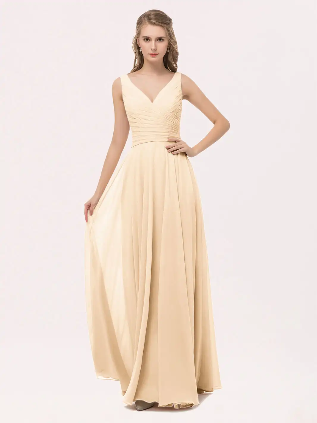 

Classic V Neck Long Chiffon Bridesmaid Dress With Bow Sashes A-line Sleeveless Wedding Cocktail Dresses Pleated Evening Gowns