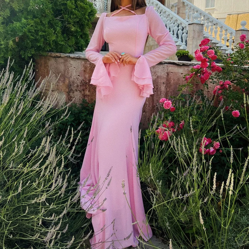Classic and Elegant Pink Chiffon Flare sleeves Lace Up Back Evening Dresses Square Neck Straight Sweep Train Pleats Long Sleeves
Classic and Elegant Pink Chiffon Flare sleeves Lace Up Back Evening Dresses Square Neck Straight Sweep Train Pleats Long Sleeves