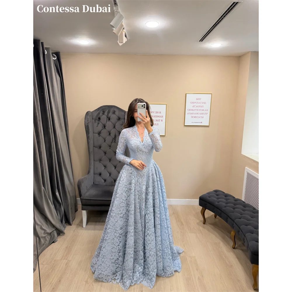 Contessa Custom Light Blue V‑Neck Evening Dress Lace A‑Line Prom Dresses Floral Vestidos De Noche Long Sleeve Formal Evening
Contessa Custom Light Blue V‑Neck Evening Dress Lace A‑Line Prom Dresses Floral Vestidos De Noche Long Sleeve Formal Evening