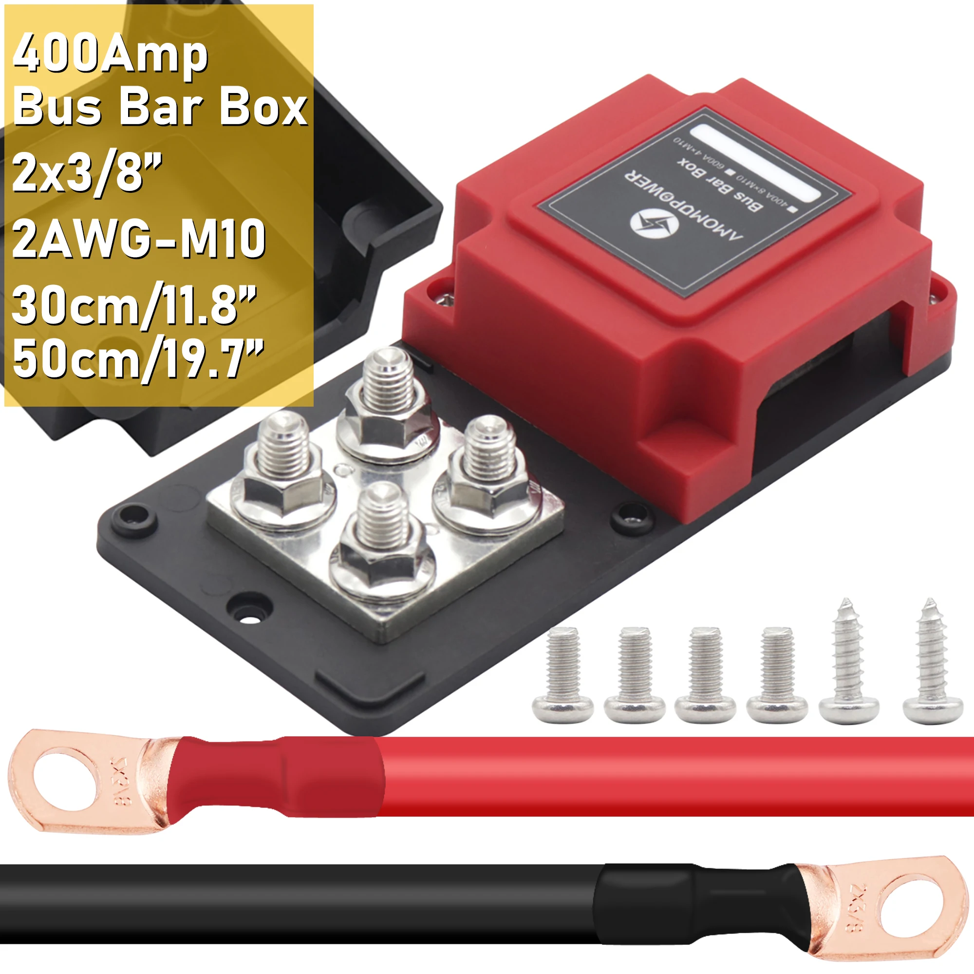 GIE.TOP 48V DC 400 Amp Bus Bar Box Copper Made Heavy-Duty Module 2AWG 3/8" (M10) Cable Studs Terminal Battery Distribution Block
GIE.TOP 48V DC 400 Amp Bus Bar Box Copper Made Heavy-Duty Module 2AWG 3/8" (M10) Cable Studs Terminal Battery Distribution Block