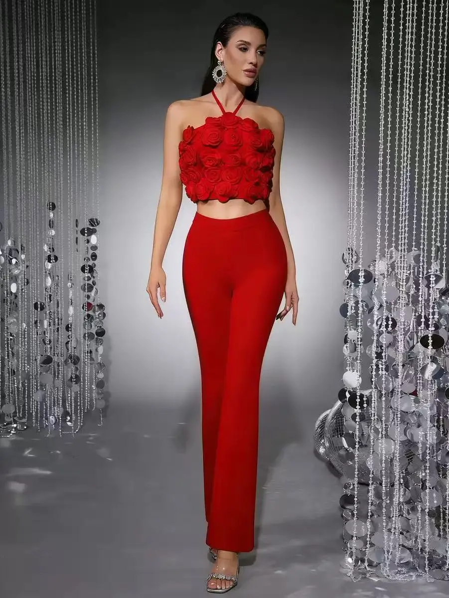 High-Quality Women's Summer New Red Halter Neck Sleeveless Short Top + High Waist Long Two-Piece Bandage Set Elegant Paert Wear
High-Quality Women's Summer New Red Halter Neck Sleeveless Short Top + High Waist Long Two-Piece Bandage Set Elegant Paert Wear