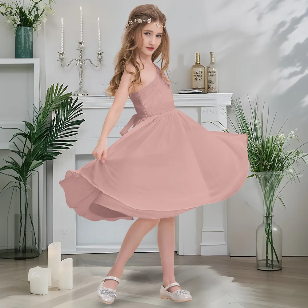 Designer One Shoulder Junior Bridesmaid Dress Blush Flower Girl Dress A-Line Knee-Length Chiffon Wedding Party Soiree Attire
Designer One Shoulder Junior Bridesmaid Dress Blush Flower Girl Dress A-Line Knee-Length Chiffon Wedding Party Soiree Attire