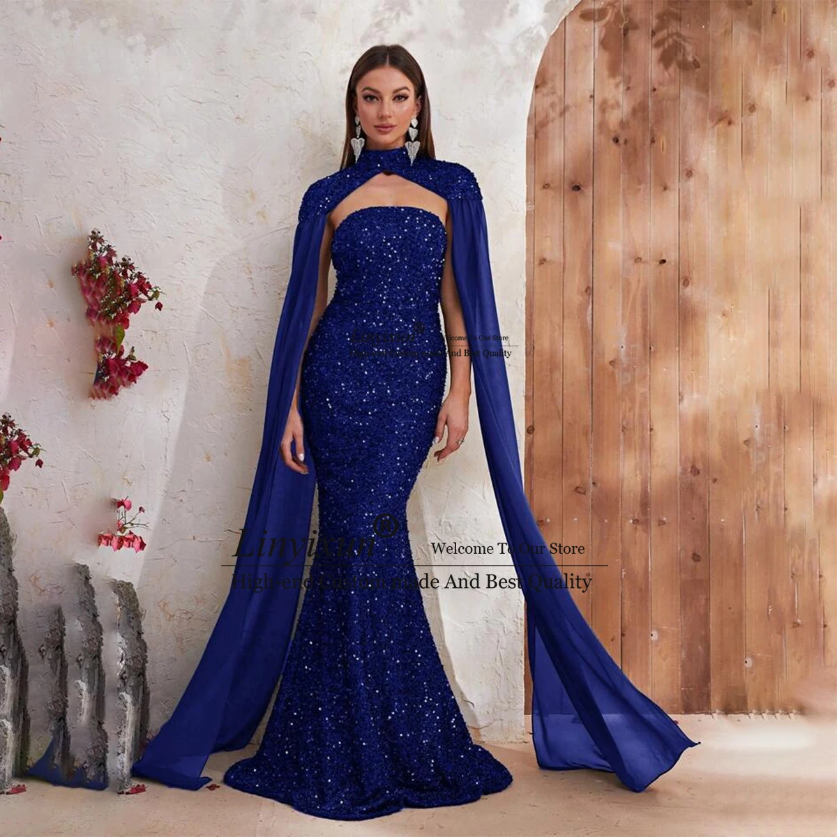 2023 Elegant Glitter Sequined Evening Gowns With Standing Collar Cloak Sleeves Backless Prom Dresses Sweep Train Robe De Soirée
2023 Elegant Glitter Sequined Evening Gowns With Standing Collar Cloak Sleeves Backless Prom Dresses Sweep Train Robe De Soirée