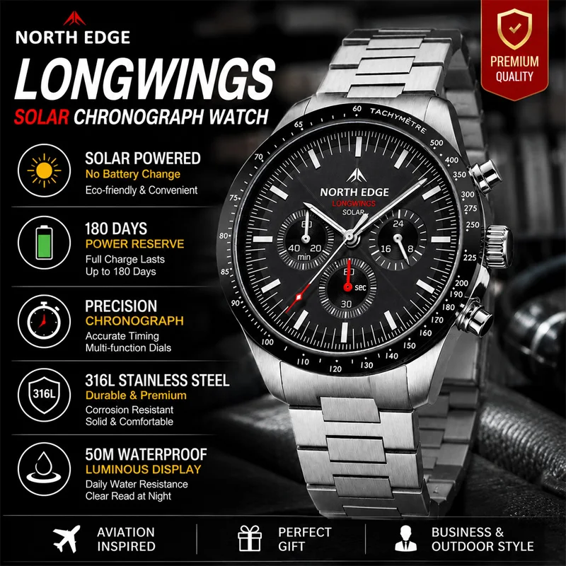 NORTH EDGE LONGWINGS Men Solar Power Quartz Watch 316 Full Stainless Steel Stopwatch Waterproof 50M Luminous Pilot Wristwatch
NORTH EDGE LONGWINGS Men Solar Power Quartz Watch 316 Full Stainless Steel Stopwatch Waterproof 50M Luminous Pilot Wristwatch