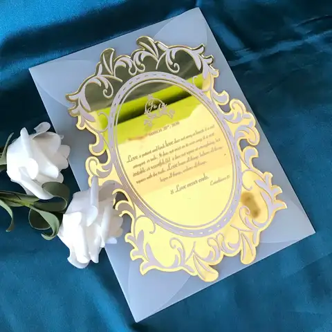 10pcs Gold Acrylic Wedding Invitation Customzied Laser Cut Invite Semi-transparent Envlopes Custom Print