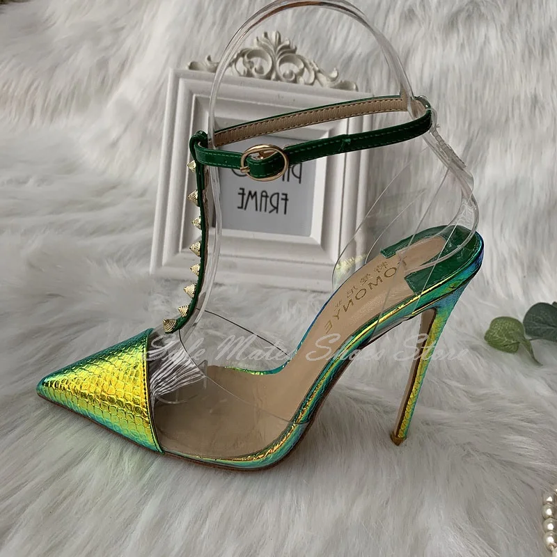 Summer Green Snake Pattern Rivet Sandals Trendy T-Strap Pointed Toe Women's Dress Shoes PVC Ankle Buckle Stiletto Heel Pumps
Summer Green Snake Pattern Rivet Sandals Trendy T-Strap Pointed Toe Women's Dress Shoes PVC Ankle Buckle Stiletto Heel Pumps