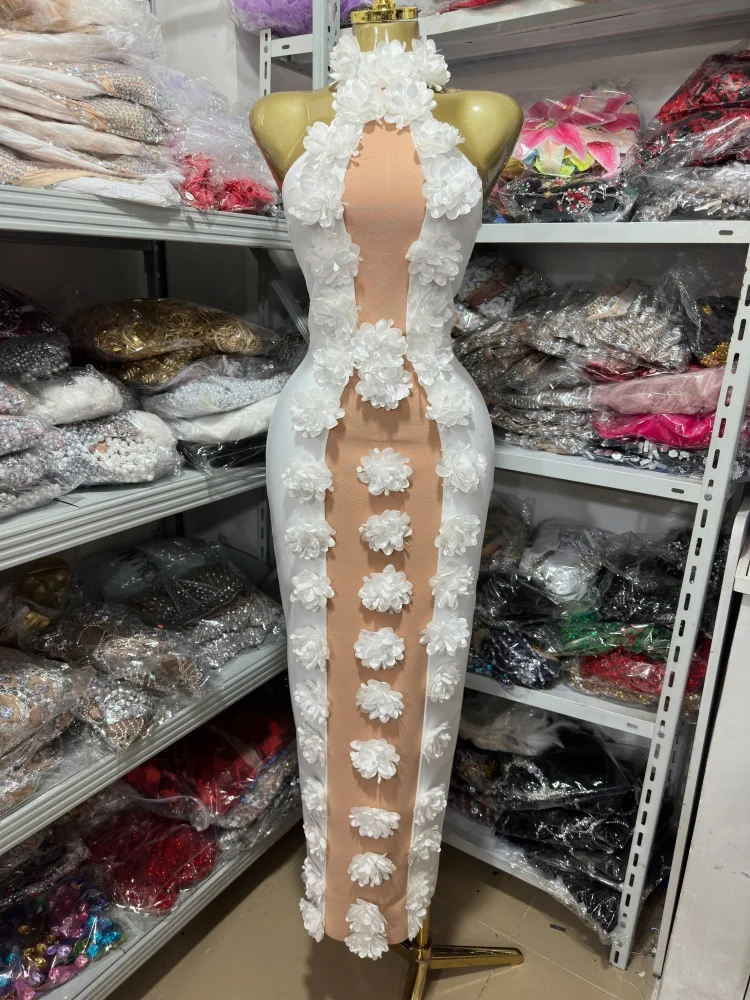 High-quality summer women's white and apricot color-blocked fitted sleeveless long bandage dress with three-dimensional flowers,
High-quality summer women's white and apricot color-blocked fitted sleeveless long bandage dress with three-dimensional flowers,