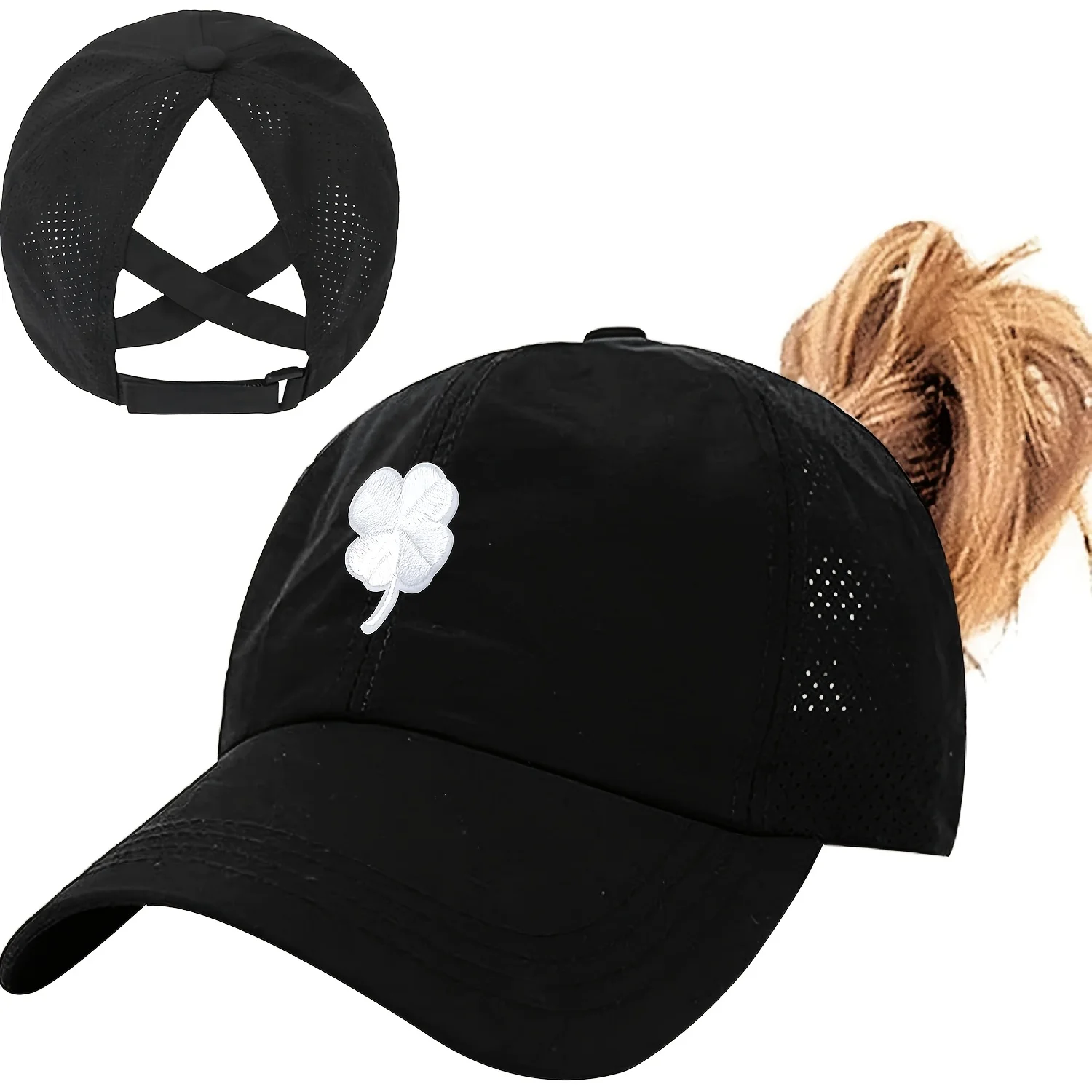 1 Quick-Drying Mesh Baseball Cap with Four-Leaf Clover Pattern Decoration, Women's Peaked Cap with Ponytail, Outdoor Golf Hat
1 Quick-Drying Mesh Baseball Cap with Four-Leaf Clover Pattern Decoration, Women's Peaked Cap with Ponytail, Outdoor Golf Hat