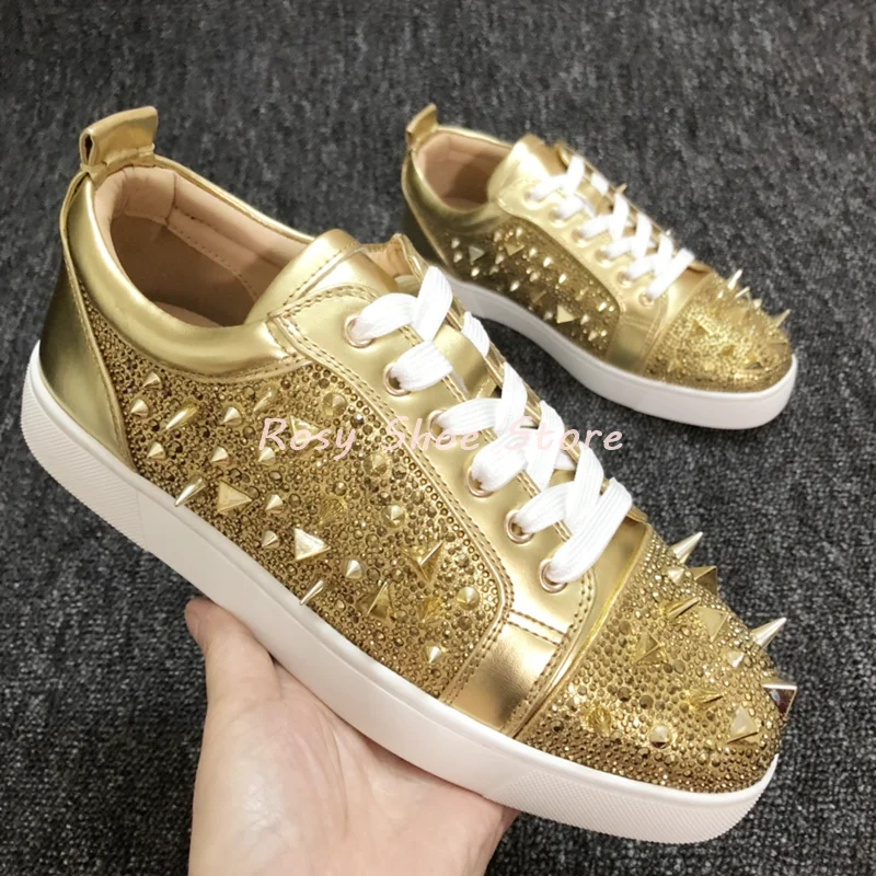 Men's and Women's Fashion Couple Shoe Luxury Gold Silver Crystal Diamond Rivet Sneaker Round Toe Lace Up Casual Flat Single Shoe
Men's and Women's Fashion Couple Shoe Luxury Gold Silver Crystal Diamond Rivet Sneaker Round Toe Lace Up Casual Flat Single Shoe