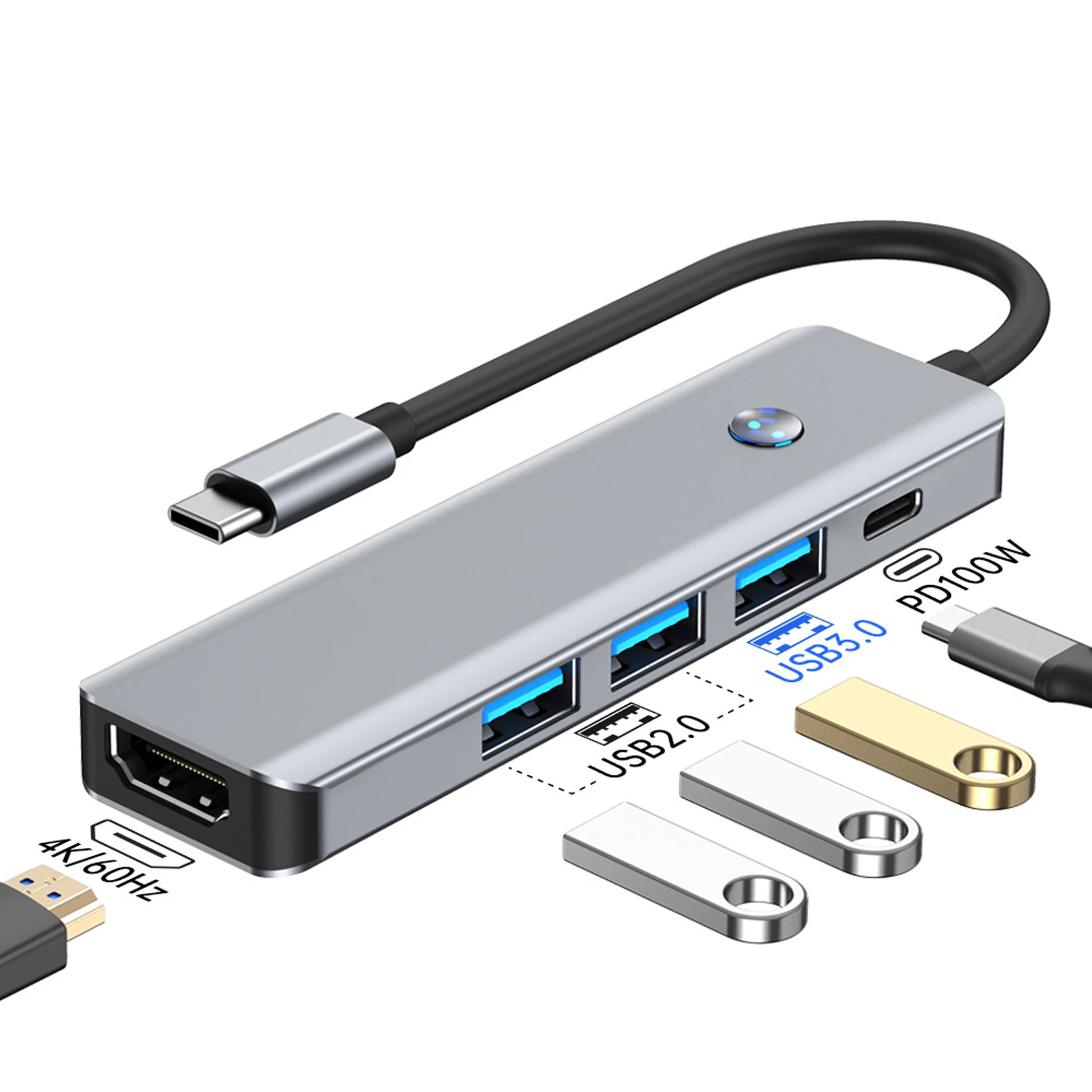 5 in 1 Type-C hub usb c Multiple Adapter with 4k HDMI-compatible Screen-on/Off Button PD 100W USB 3.0*3 for MacBook Surface iPad
5 in 1 Type-C hub usb c Multiple Adapter with 4k HDMI-compatible Screen-on/Off Button PD 100W USB 3.0*3 for MacBook Surface iPad