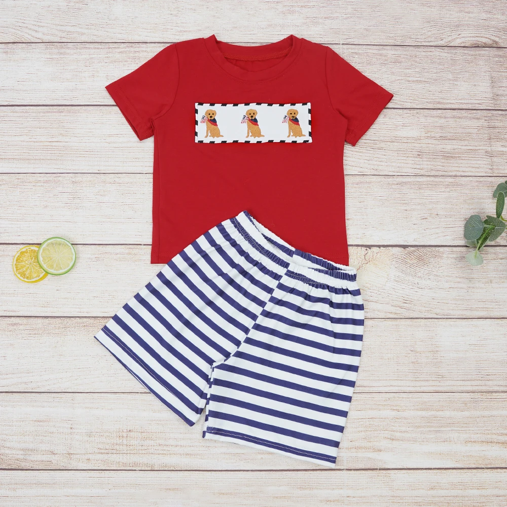 Baby New Kids Cotton Short Sleeved Red T-shirt Set Round Neck Puppy Embroidery Boy Top Clothes And Blue Stripe Shorts Suit
Baby New Kids Cotton Short Sleeved Red T-shirt Set Round Neck Puppy Embroidery Boy Top Clothes And Blue Stripe Shorts Suit