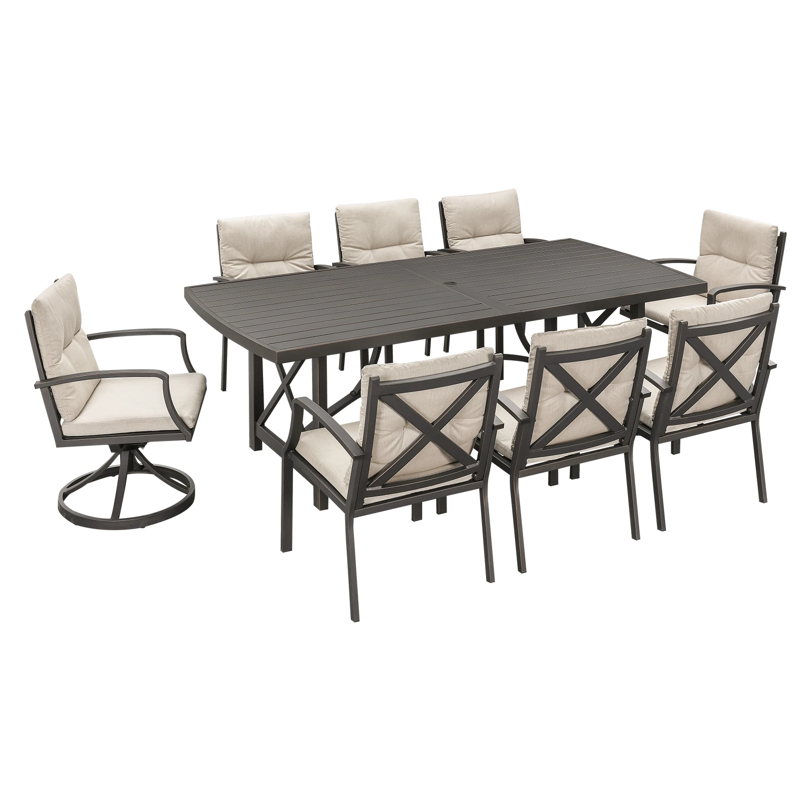 SeeHill Gunmetal 9-Piece Outdoor Dining Set, Aluminum Patio Table with 6 Chairs and 2 Swivel Chairs, Cushions
SeeHill Gunmetal 9-Piece Outdoor Dining Set, Aluminum Patio Table with 6 Chairs and 2 Swivel Chairs, Cushions