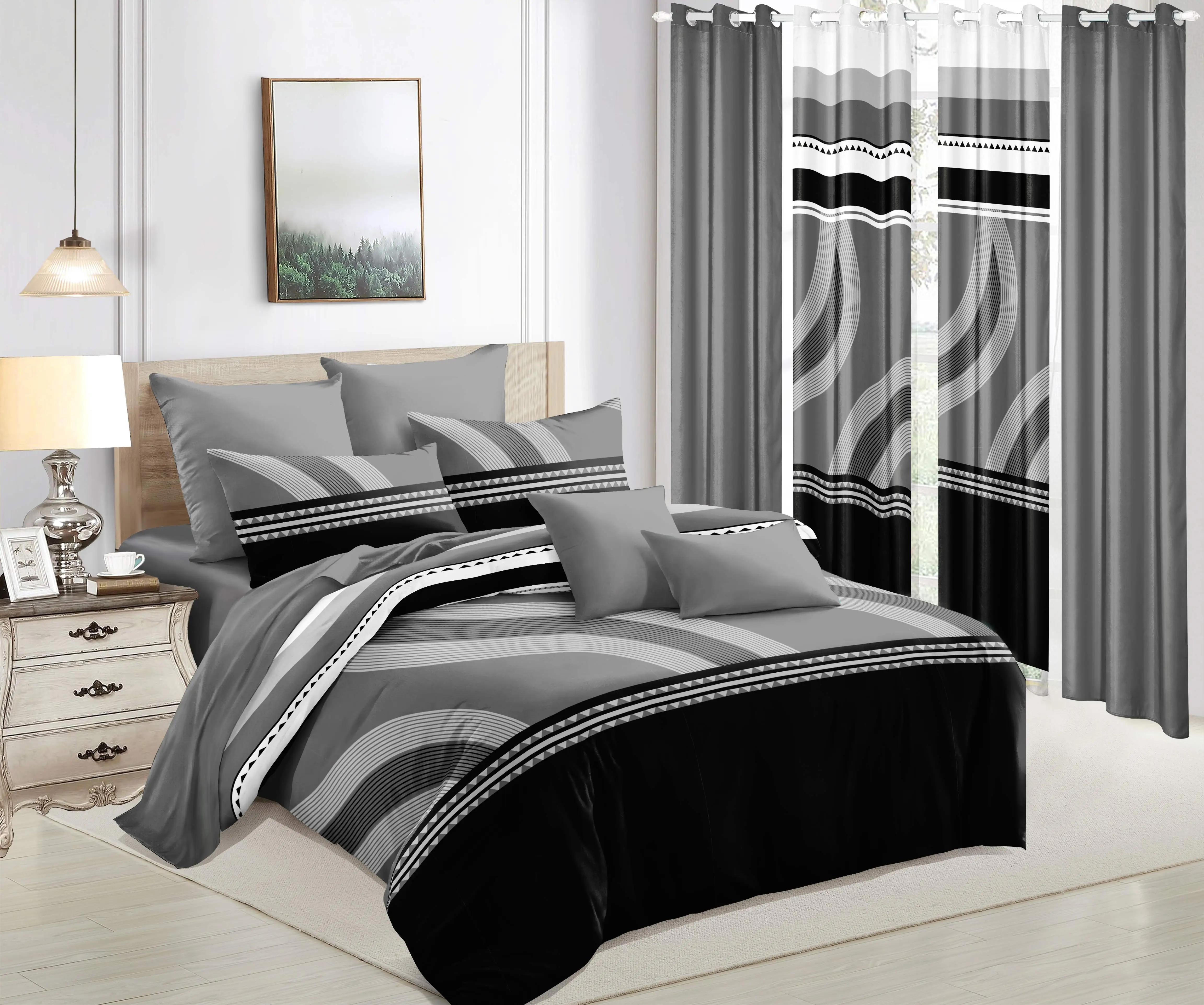 Print 9pcs Bedding Set(1*Bedspread+2*Pillowcases+2*Print Curtains+4*Solid Curtains) Soft Comfortable Grey
Print 9pcs Bedding Set(1*Bedspread+2*Pillowcases+2*Print Curtains+4*Solid Curtains) Soft Comfortable Grey