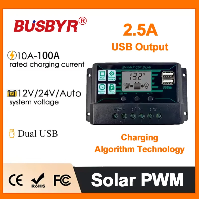 Busbyr Solar Charge Controller 100A PWM LCD Display 12V/24V Dual USB 5V Output Panel Battery Regulator Intelligent 80A 60A
Busbyr Solar Charge Controller 100A PWM LCD Display 12V/24V Dual USB 5V Output Panel Battery Regulator Intelligent 80A 60A