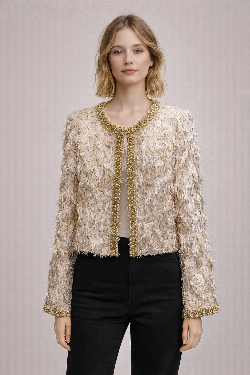 Black Fuzzy Cropped Jacket Women Gold Rhinestone Long Sleeve Open Front Short Coat Luxury Party Evening Clubwear Chic Outerwear
Black Fuzzy Cropped Jacket Women Gold Rhinestone Long Sleeve Open Front Short Coat Luxury Party Evening Clubwear Chic Outerwear
