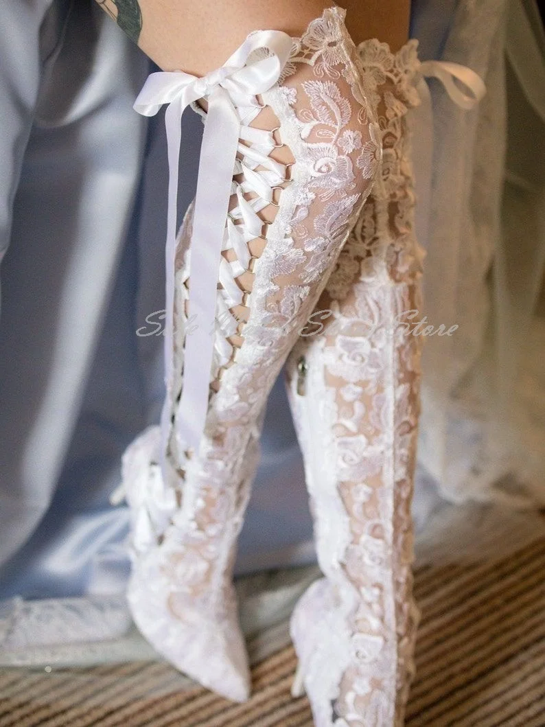 Sexy Beige Lace High Heel Ribbon Wedding Shoes Elegant Pointed Toe Bowknot Cross Strap Long Boots Korean Women's Dress Shoes
Sexy Beige Lace High Heel Ribbon Wedding Shoes Elegant Pointed Toe Bowknot Cross Strap Long Boots Korean Women's Dress Shoes
