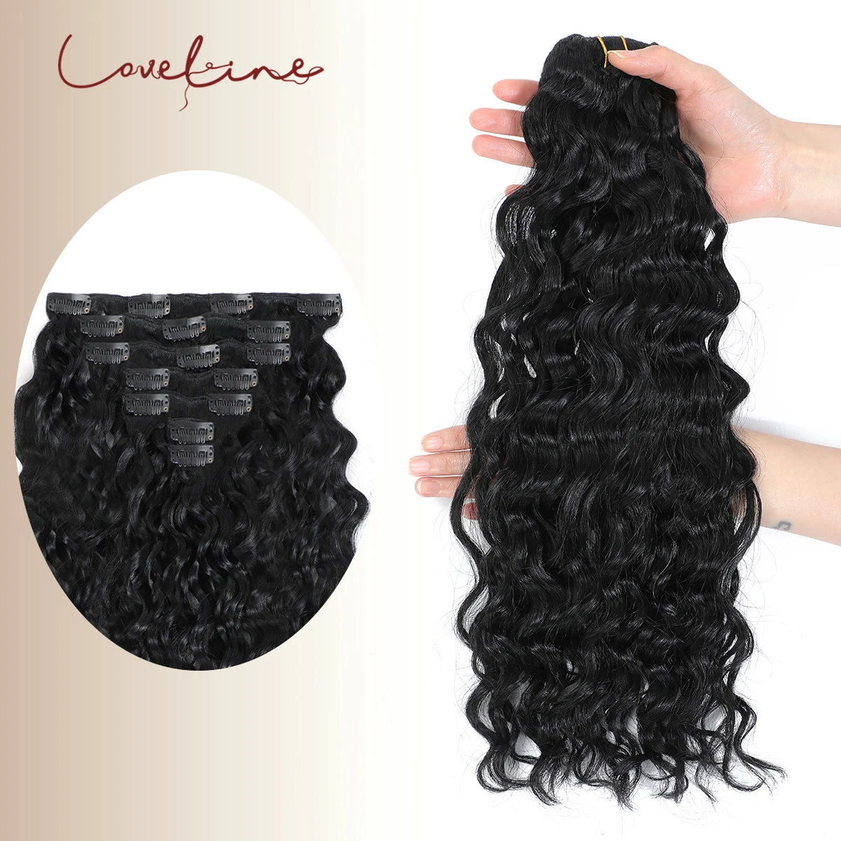 LOVELINE Curly Clip-In Hair Extensions Double Weft Full Head Water Wave Machine-Made Remy Hair Sewn Weft 12–22 Inches 7PCS/Set