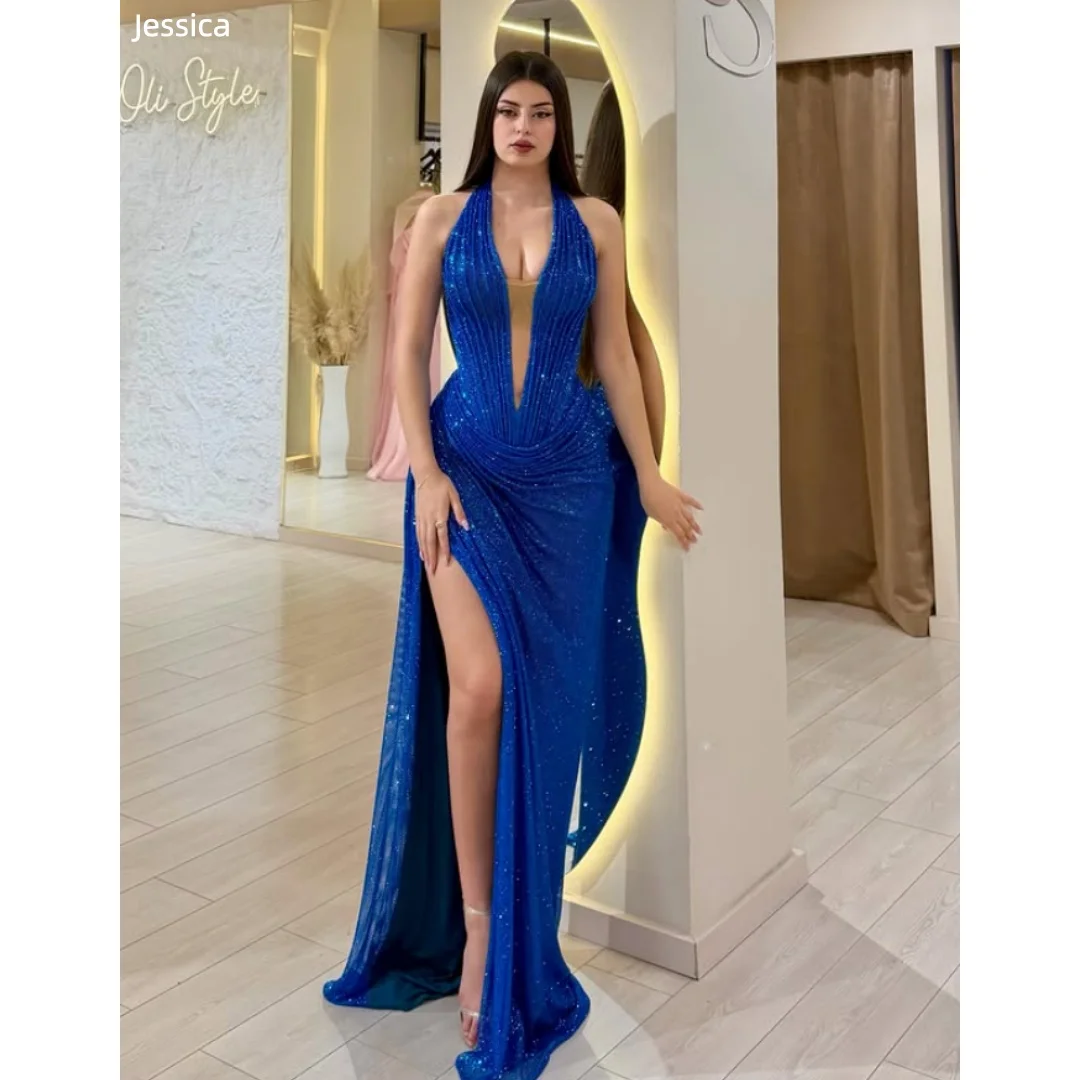 Jessica Gorgeous blue Evening Dresses Pleated V-neck halter neck Prom Dresses Slim fit, sexy side slit Party Dresses
Jessica Gorgeous blue Evening Dresses Pleated V-neck halter neck Prom Dresses Slim fit, sexy side slit Party Dresses