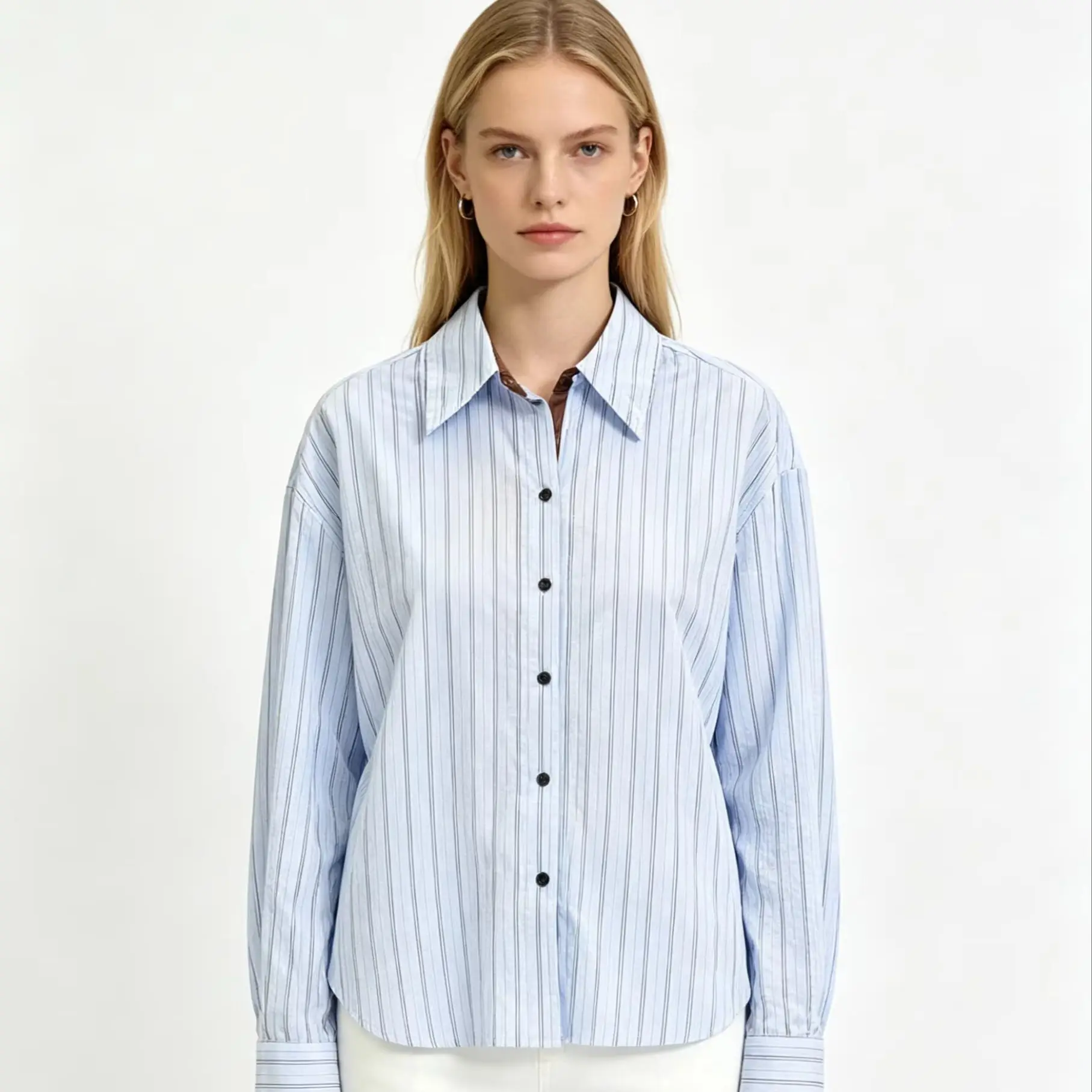 Women's Blue White Striped Oversized Shirt Long Sleeve Button up Casual Loose Fit Blouse Office Top with Leather Trim
Women's Blue White Striped Oversized Shirt Long Sleeve Button up Casual Loose Fit Blouse Office Top with Leather Trim