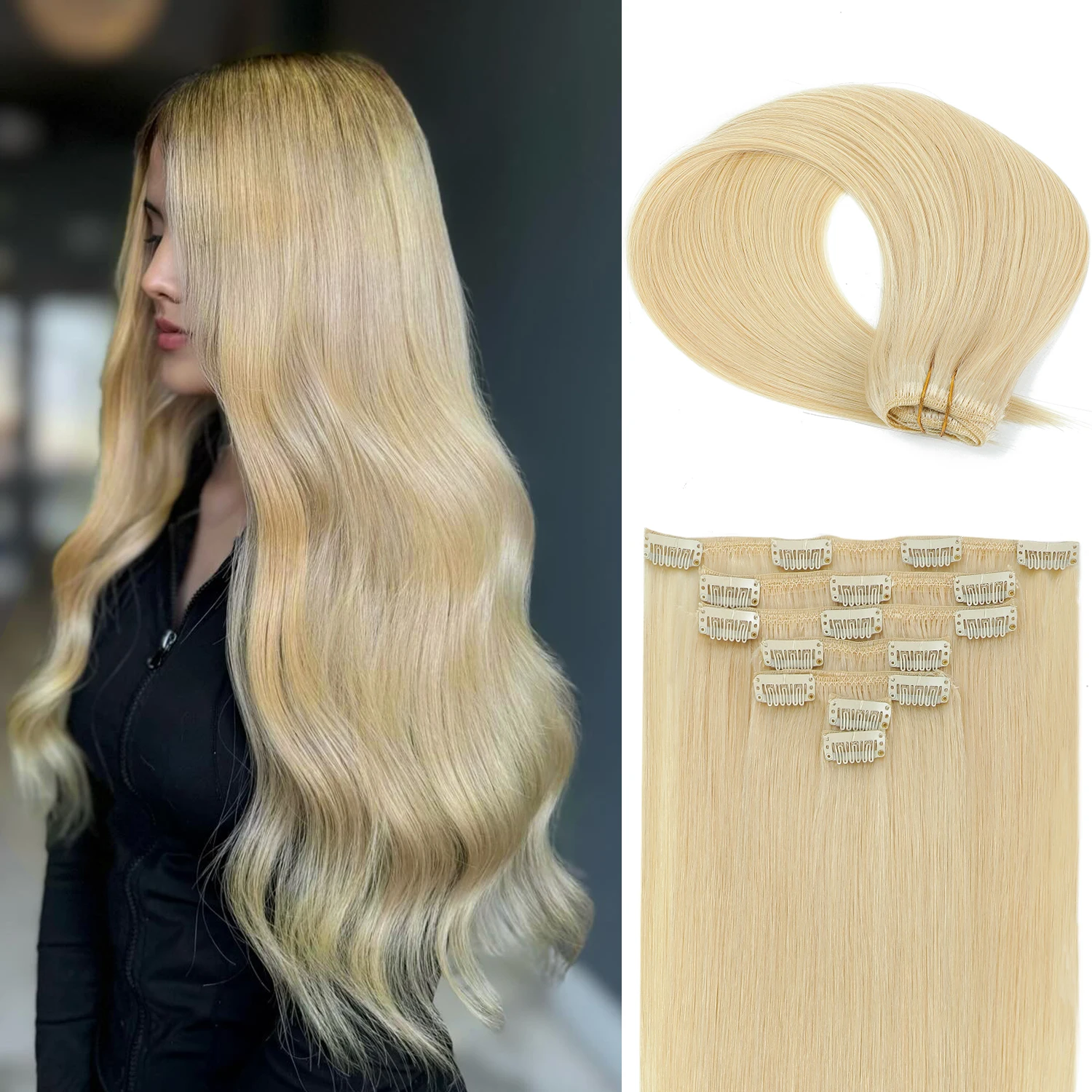 613# Blonde 120g Double Drawn Clip in Human Hair Extensions, Remy Hair Cuticle-Aligned No Tangle, 12+ Month with Proper Care
613# Blonde 120g Double Drawn Clip in Human Hair Extensions, Remy Hair Cuticle-Aligned No Tangle, 12+ Month with Proper Care