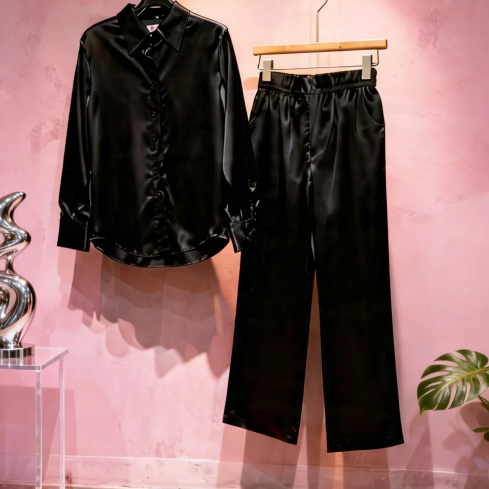 2026 New Black Silk Satin Pajama Set Women Casual Long Sleeve Blouse and Trousers Suit 067
2026 New Black Silk Satin Pajama Set Women Casual Long Sleeve Blouse and Trousers Suit 067
