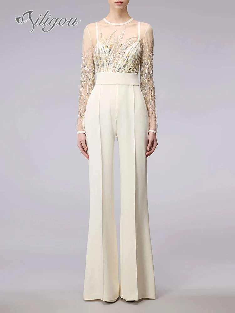 Ailigou 2024 New Women's High Quality White jumpsuit Pearl Sequin Embroidered jumpsuit Sexy Mesh Spliced Tight Long jumpsuit
Ailigou 2024 New Women's High Quality White jumpsuit Pearl Sequin Embroidered jumpsuit Sexy Mesh Spliced Tight Long jumpsuit