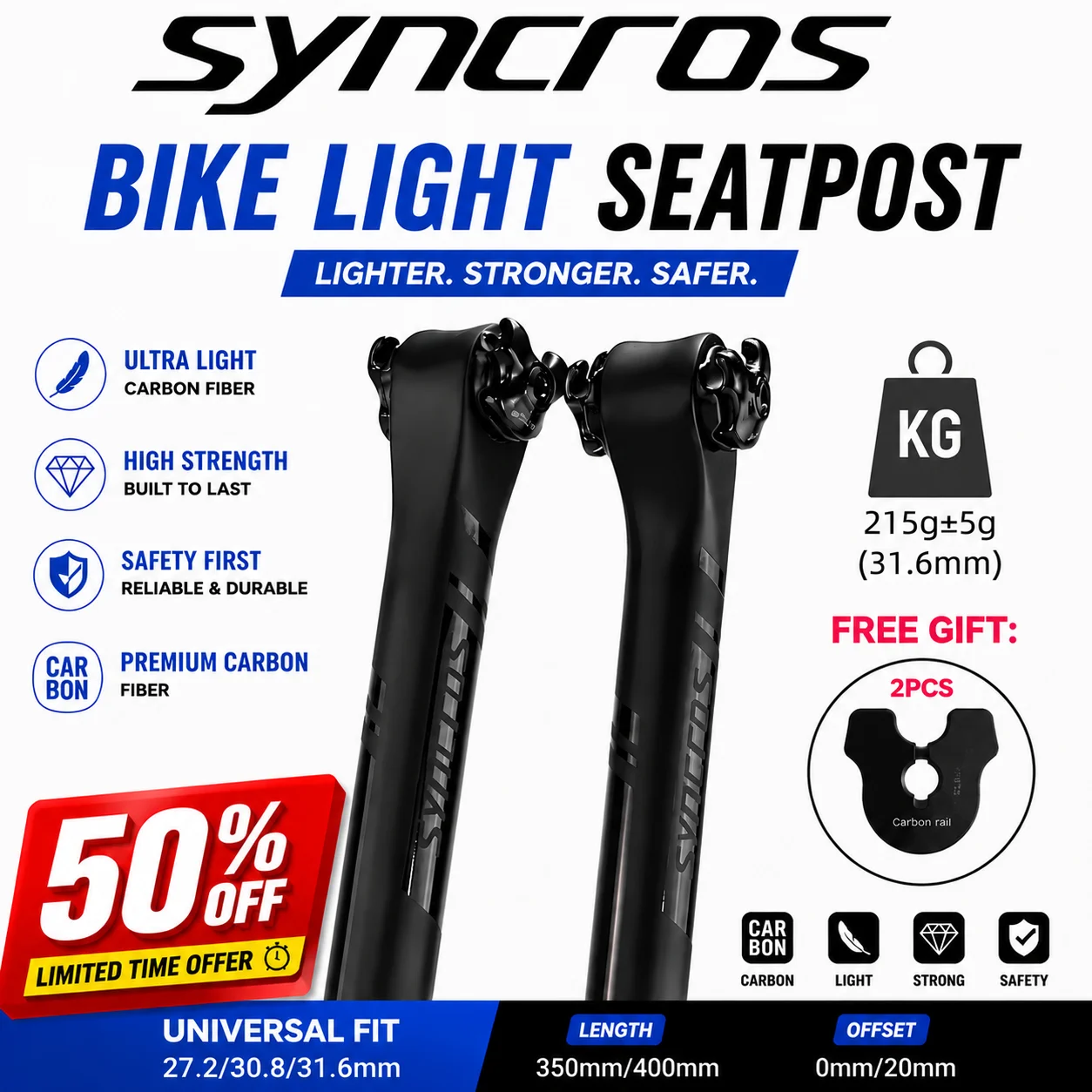 SYNCROS Full Carbon Fiber Bike Seatpost Half Matte Half Gloss Mountain/road Bike Seat Post Light Seatpost 27.2/30.8/31.6mm
SYNCROS Full Carbon Fiber Bike Seatpost Half Matte Half Gloss Mountain/road Bike Seat Post Light Seatpost 27.2/30.8/31.6mm