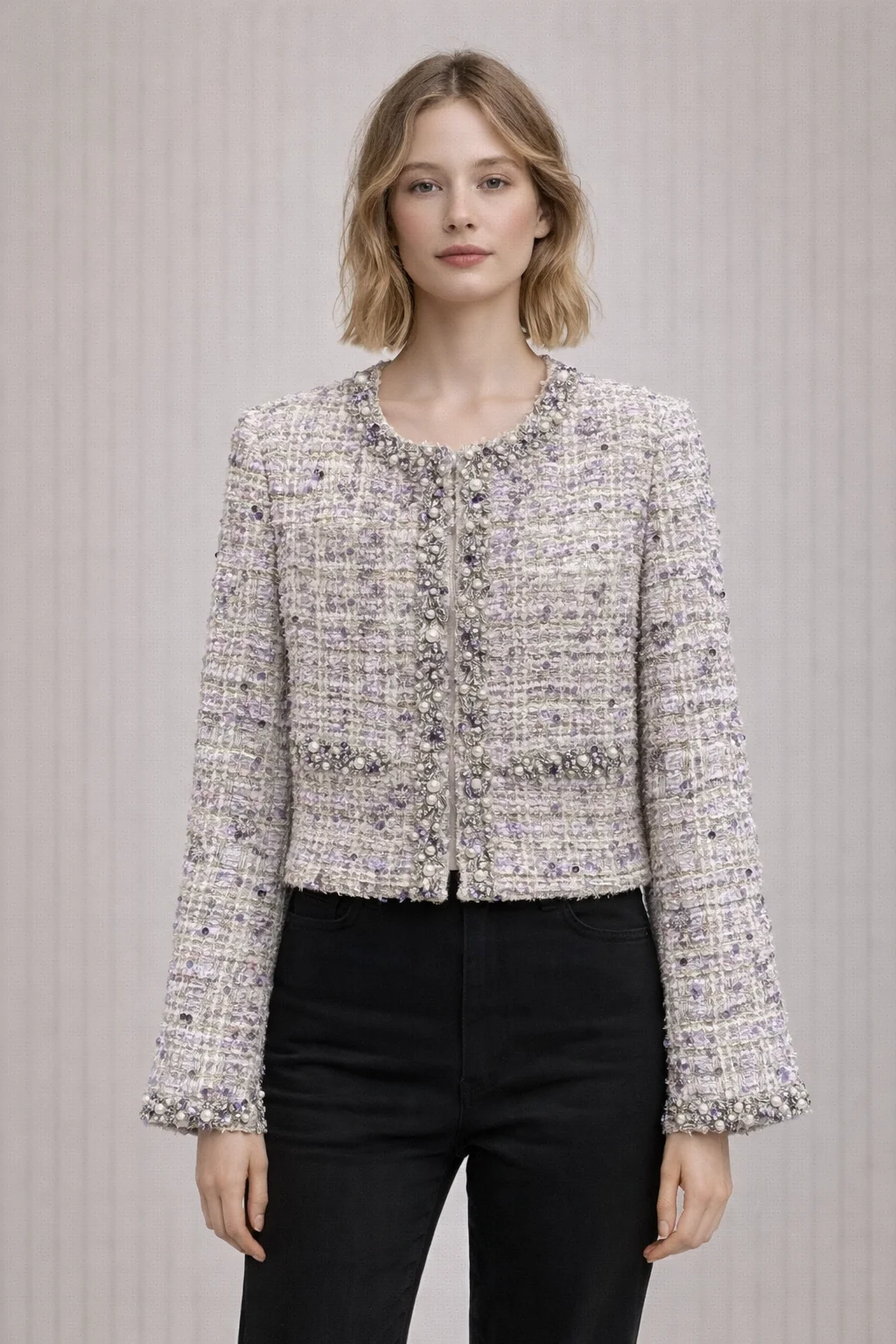 Purple Tweed Cropped Jacket Women Pearl Sequin Long Sleeve Round Neck Short Coat Luxury Outerwear Party Evening Fashion Elegant
Purple Tweed Cropped Jacket Women Pearl Sequin Long Sleeve Round Neck Short Coat Luxury Outerwear Party Evening Fashion Elegant