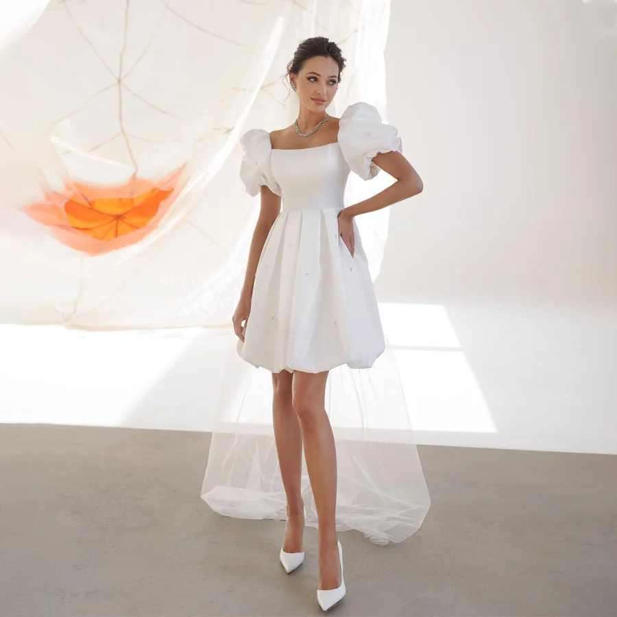 Elegant Crystal-Adorned Thigh-Length Bridal Gown with Short Bubble Sleeves Women's Elegant Wedding Dress 2024
Elegant Crystal-Adorned Thigh-Length Bridal Gown with Short Bubble Sleeves Women's Elegant Wedding Dress 2024