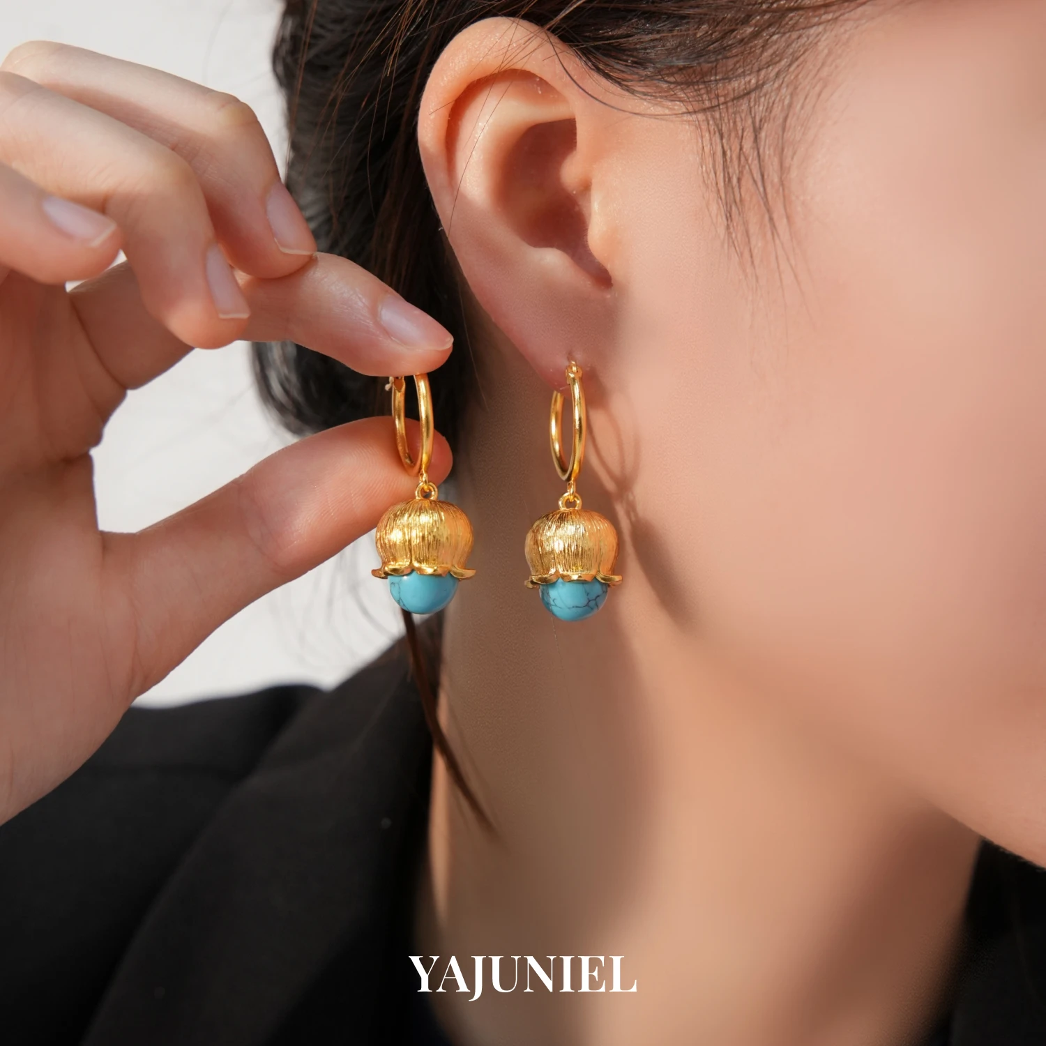 YAJUNIEL 24K Real Gold Plated Brushed Flower Bud Turquoise Stone Dangle Hoop Earrings for Women Hypoallergenic Brass
YAJUNIEL 24K Real Gold Plated Brushed Flower Bud Turquoise Stone Dangle Hoop Earrings for Women Hypoallergenic Brass