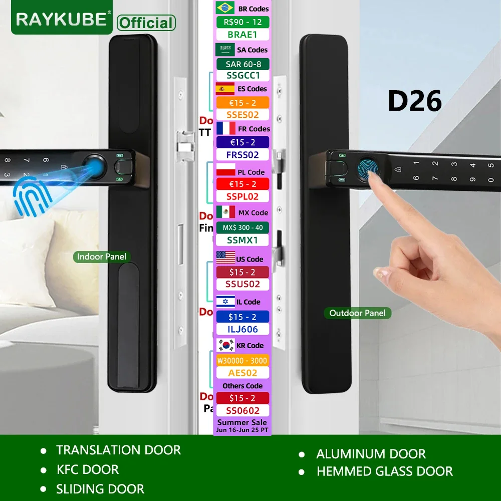 RAYKUBE D26 TT, двухсторонний смарт-замок со сканером отпечатков пальцев, с двухсторонним паролем, двухсторонним ключом APP для KFC/раздвижных дверей
RAYKUBE D26 TT, двухсторонний смарт-замок со сканером отпечатков пальцев, с двухсторонним паролем, двухсторонним ключом APP для KFC/раздвижных дверей