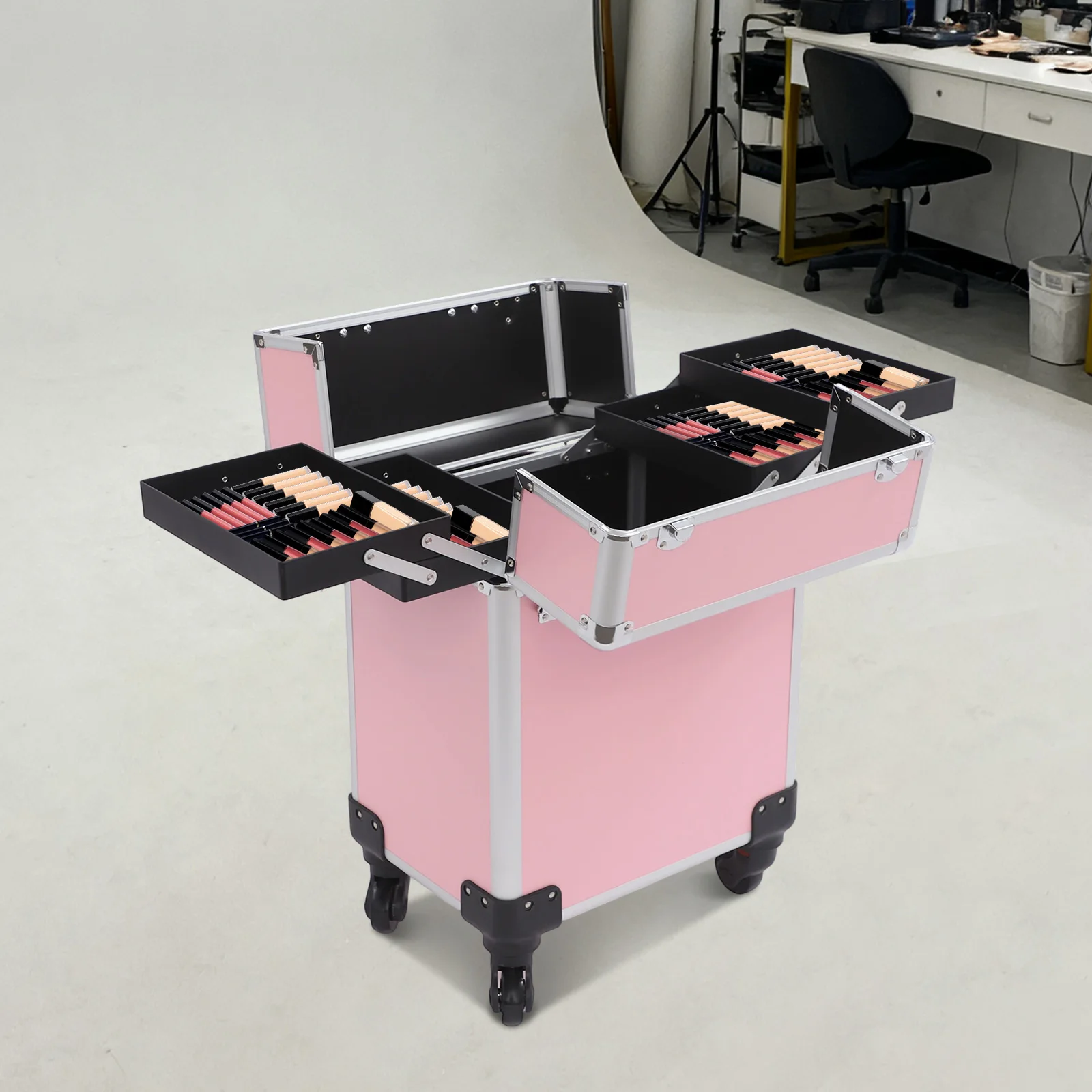 Чехол для макияжа, профессиональный чехол для татуировки и косметики из алюминиевого сплава на колесах, розовая коробка-органайзер для визажиста
Чехол для макияжа, профессиональный чехол для татуировки и косметики из алюминиевого сплава на колесах, розовая коробка-органайзер для визажиста