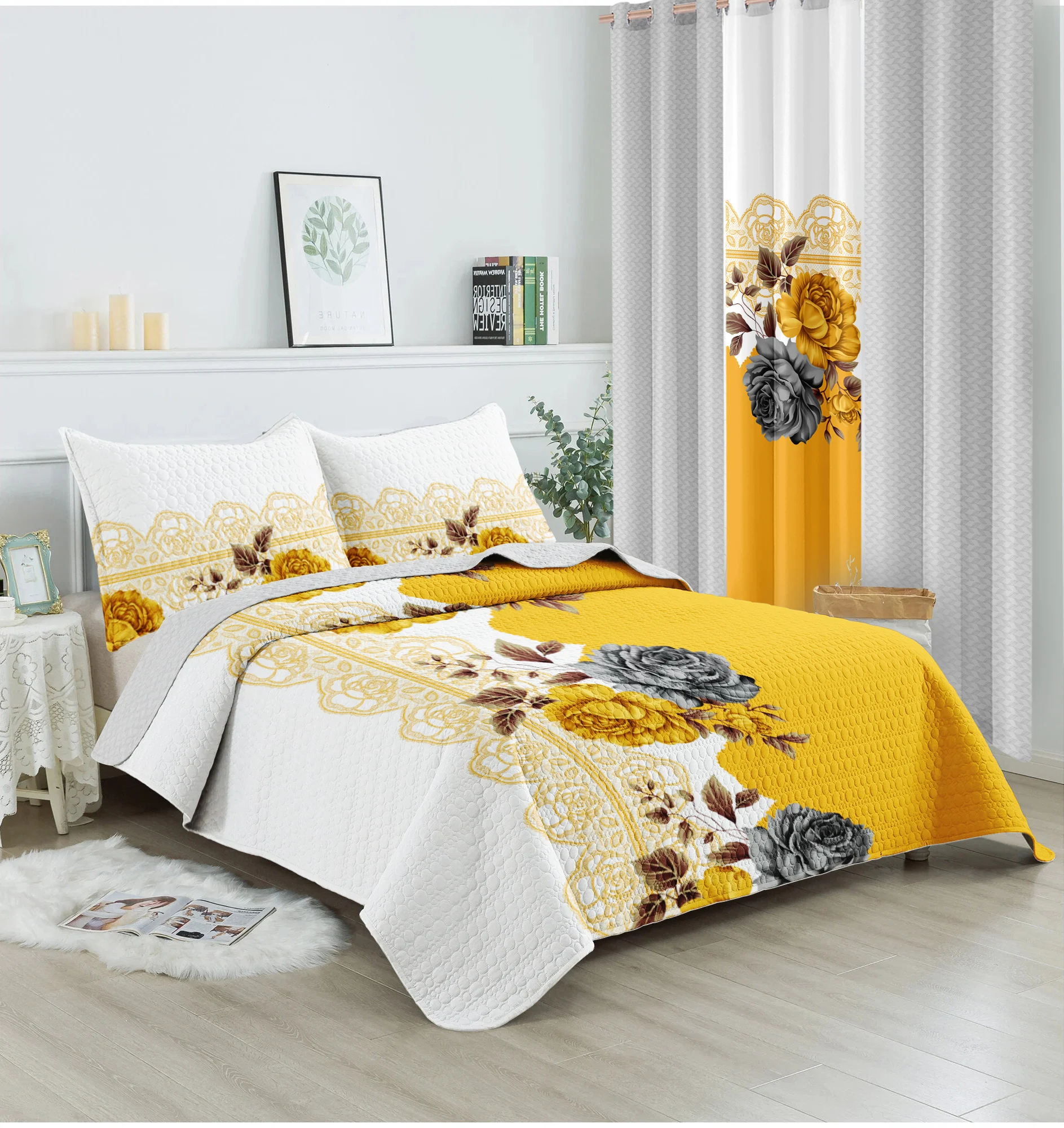 Print 5pcs Bedding Set(1*Comforter+2*Pillowcases+2*Cushion Cases Soft Comfortable Fashionable Luxurious Yellow Flower Print
Print 5pcs Bedding Set(1*Comforter+2*Pillowcases+2*Cushion Cases Soft Comfortable Fashionable Luxurious Yellow Flower Print