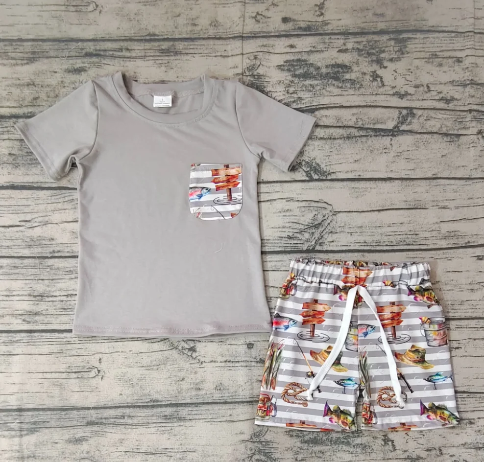 Wholesale Children Grey Shirt Short Sleeves Fish Pocket Cotton T-shirts Stripes Shorts Set Clothing Toddler Baby Boy Outfit
Wholesale Children Grey Shirt Short Sleeves Fish Pocket Cotton T-shirts Stripes Shorts Set Clothing Toddler Baby Boy Outfit