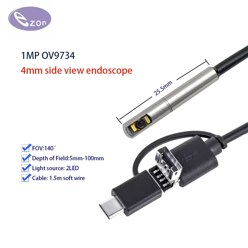 1MP 4mm Side View Endoscope Wide Angle FOV140゜ Macro USB Endoscope Camera EZ-EN40SV-RT
1MP 4mm Side View Endoscope Wide Angle FOV140゜ Macro USB Endoscope Camera EZ-EN40SV-RT