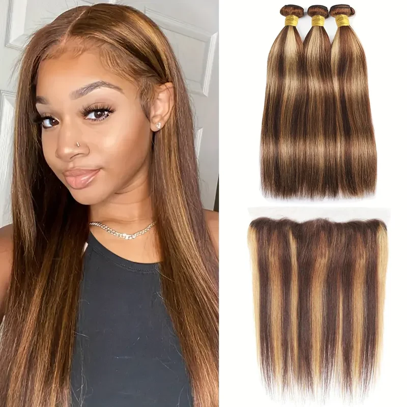 P4/27 Highlight Straight Bundles with Frontal Hd Transparent Lace Ombre Brown Remy Hair Weaving 3 Bundles and Frontal For Women
P4/27 Highlight Straight Bundles with Frontal Hd Transparent Lace Ombre Brown Remy Hair Weaving 3 Bundles and Frontal For Women