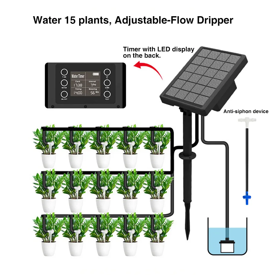 Solar lrrigation System for Garden, Solar Intelligent Irrigation Kit, Balcony Automatic DripIrrigation System, Integrated LCD Programmable Timer Anti-Siphon Device 2000mAh Battery Flow-Adjustable Drippers for 15 Plants
Solar lrrigation System for Garden, Solar Intelligent Irrigation Kit, Balcony Automatic DripIrrigation System, Integrated LCD Programmable Timer Anti-Siphon Device 2000mAh Battery Flow-Adjustable Drippers for 15 Plants