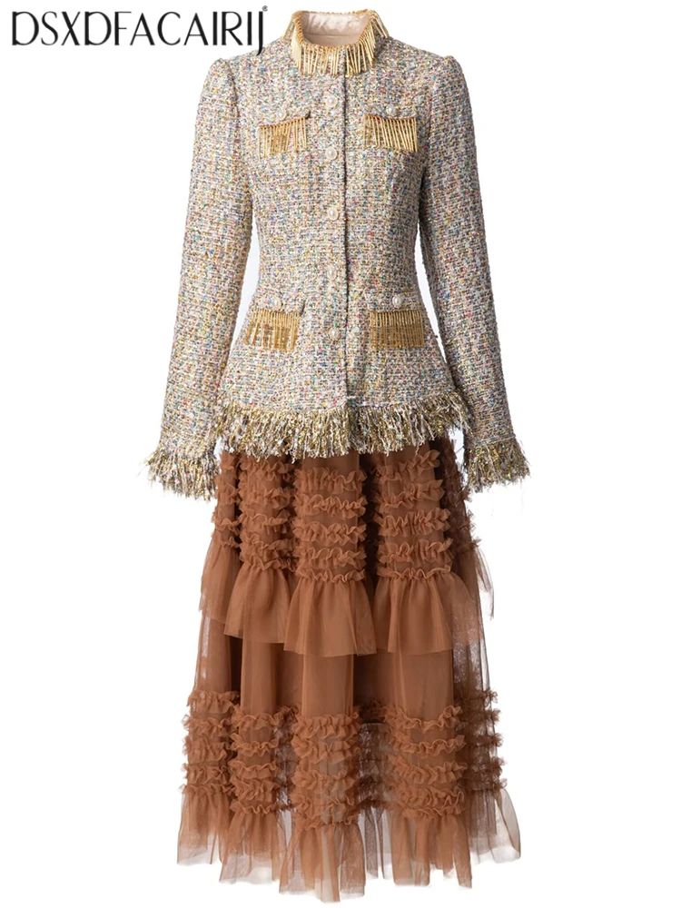 DSFACAIRIJ Women's Stand Collar Beading Tassel Single-Breasted Coat + Elastic Waist Mesh Skirt 2 piece set Autumn Females
DSFACAIRIJ Women's Stand Collar Beading Tassel Single-Breasted Coat + Elastic Waist Mesh Skirt 2 piece set Autumn Females