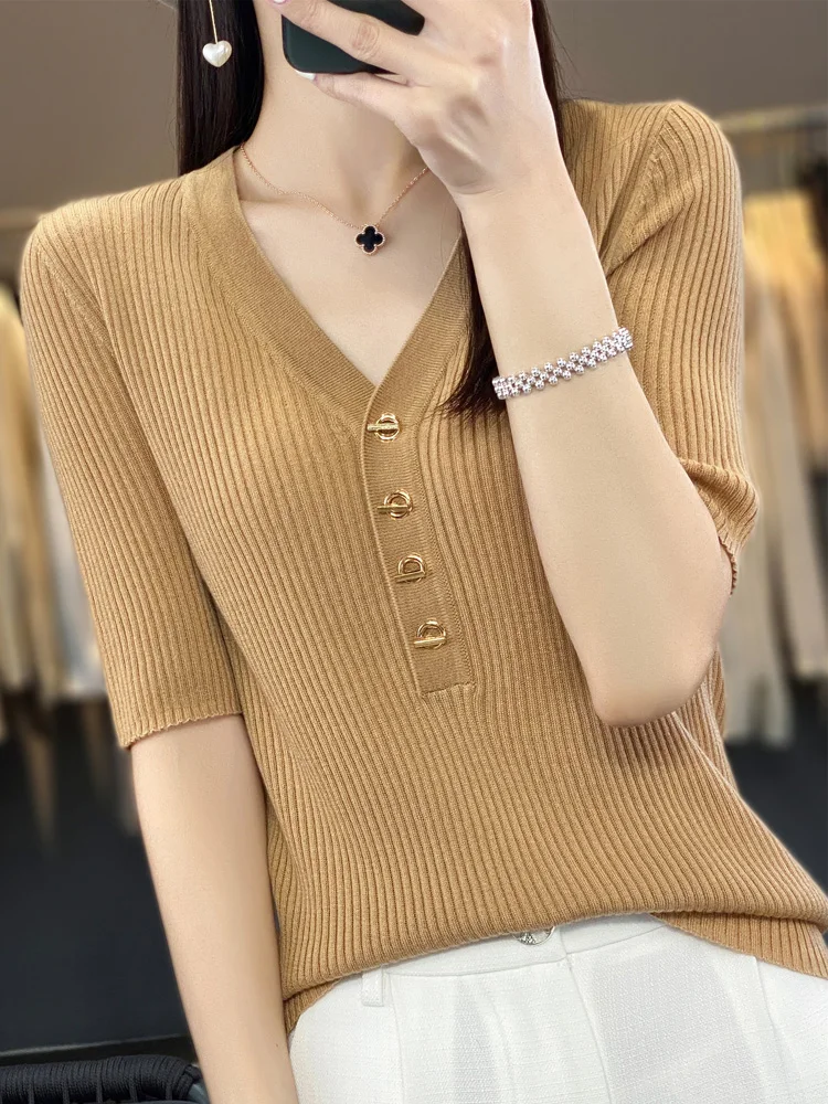 LONGMING Fashion Short Sleeve T-shirt Tops for Women Summer T-shirt Knitted V Neck Tees Korean Casual Chic Top Women's Clothes
LONGMING Fashion Short Sleeve T-shirt Tops for Women Summer T-shirt Knitted V Neck Tees Korean Casual Chic Top Women's Clothes